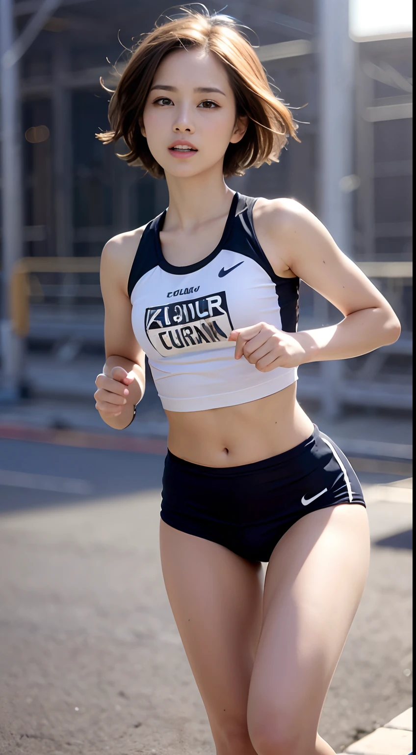 (Best Quality ,16 K, hight resolution, masutepiece:1.2), Ultra-detailed, (Realistic,Photorealistic, Photorealsitic:1.37), Athletic Runner, Beautiful High School Girl, Short bob hair, red blush, stunning light brown hair, glowing light brown eyes, curvy figure, Constricted waist, track and field, Navel Ejection, Blushing, Sweat, Bright sunlight, Looking at the camera,
