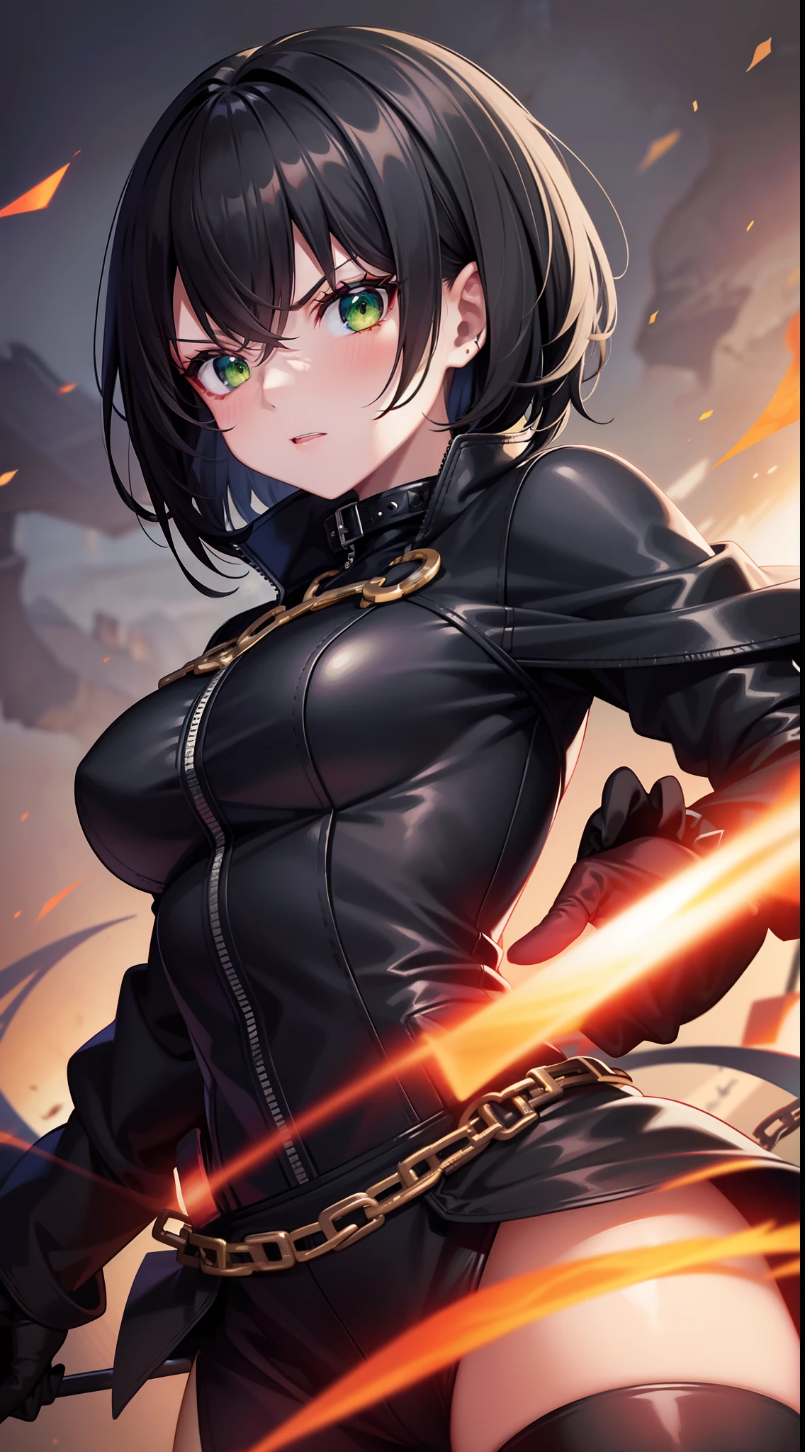 young girl, Short black hair, Green eyes, angry, superhero, Hellspawn, Black costume, White Elements, red coat, demon chains, hiquality, 4k, HD, Good detail