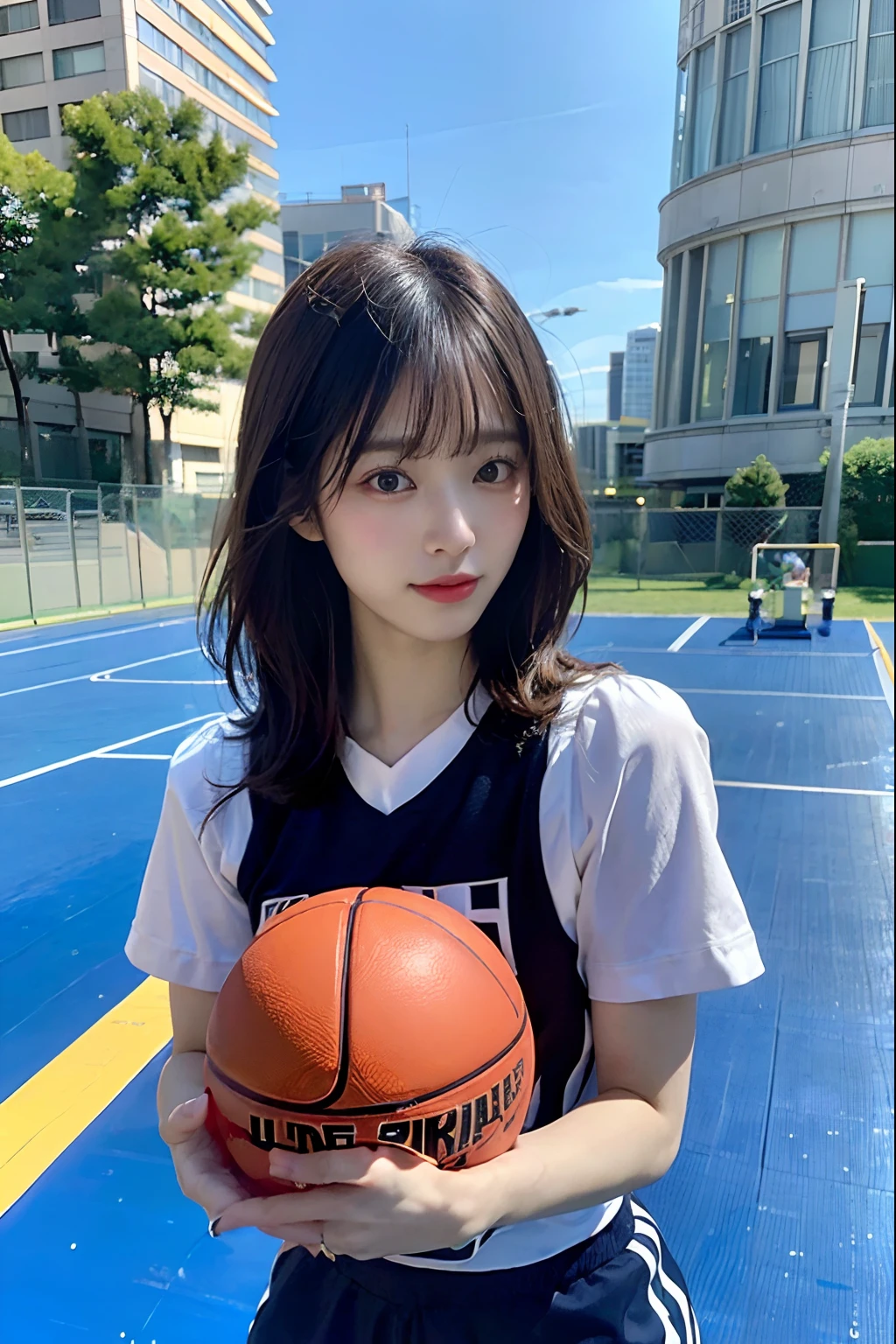 (8k、top-quality、masterpiece:1.2)、(realisitic、Photorealsitic:1.37)、Suzu Hirose、ultra-detailliert、top-quality、超A high resolution、professionally lit、Photon Mapping、Radio City、physically-based renderingt、Cinematic Lighting、Basketball court,depth of fields,Focusing,Sun'rays,Good composition,(Bokeh:1.2),1人,(full bodyesbian),(Keep your mouth shut),Beautiful eyes,the pose,Constriction,Basketball Uniforms,Adidas、A dark-haired,bob,(ulzzang-6500:1.2) mix4, hiqcgbody