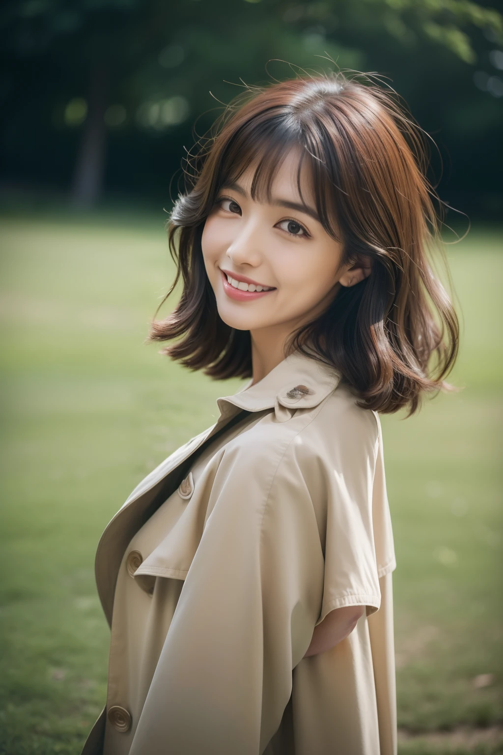 (8k RAW photo, Best Quality), ((masutepiece)), 超A high resolution, Film grain, filmg,( 20yr old, Slender face, 1girl in, long eyelashes, Eye Highlights), Natural Skin Texture, A perfectly proportioned face, realistic eyes and face details, lip stick, (makeup), Red eyeshadow, Perm Hair, Fluffy short hair, hair messy, Smile, closes mouth, Beautiful legs, Tall lady, skinny, slim_Legs, Solo, huge-breasted, Ass,(Natural places), (Detailed background), ((Open Front Trench Coat,White inner shirt)), huge-breasted, Blurry background, Blurry, Brown hair, Bangs, a necklace, Parted lips, depth of fields