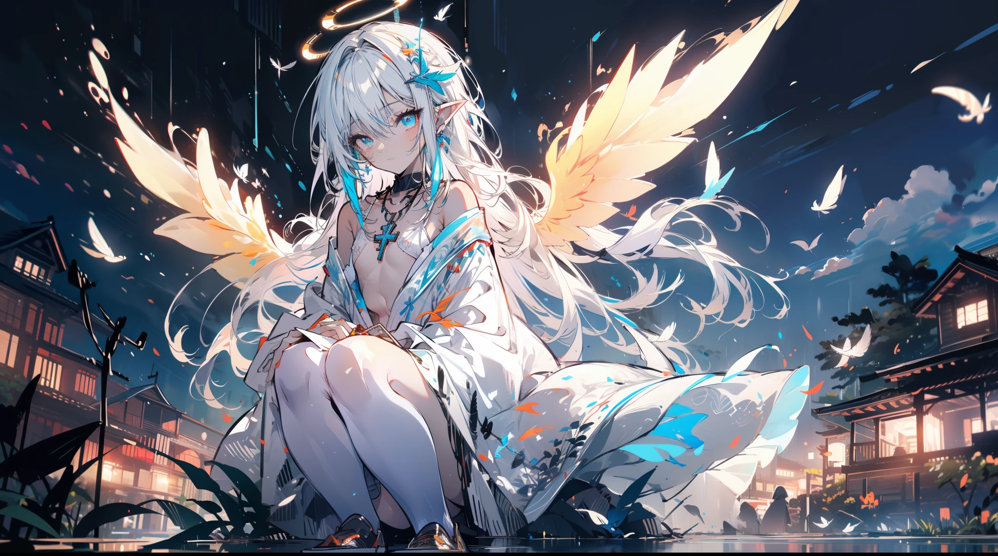 (((masterpiece))), (((best quality))), official art, extremely detailed cg unity 8k wallpaper, (((sketch))), night, rain, beautiful detailed sky, beautiful detailed water, game cg, huge filesize, sketch, solo, boy, angel, long hair, white hair, wet hair, hair between eyes, hair behind ear, white colored eyelashes, beautiful detailed eyes, expressionless eyes, yellow eyes, half-closed eyes, shoes, halo, cross necklace, looking down, sitting, leg hug, hair blowing, feather hair ornament, leaf hair ornament, forest, lakeside, (((flat chest))), (((white robe))), long sleeve, bandage, white eyepatch, elf ear, (((big white wings))), birds