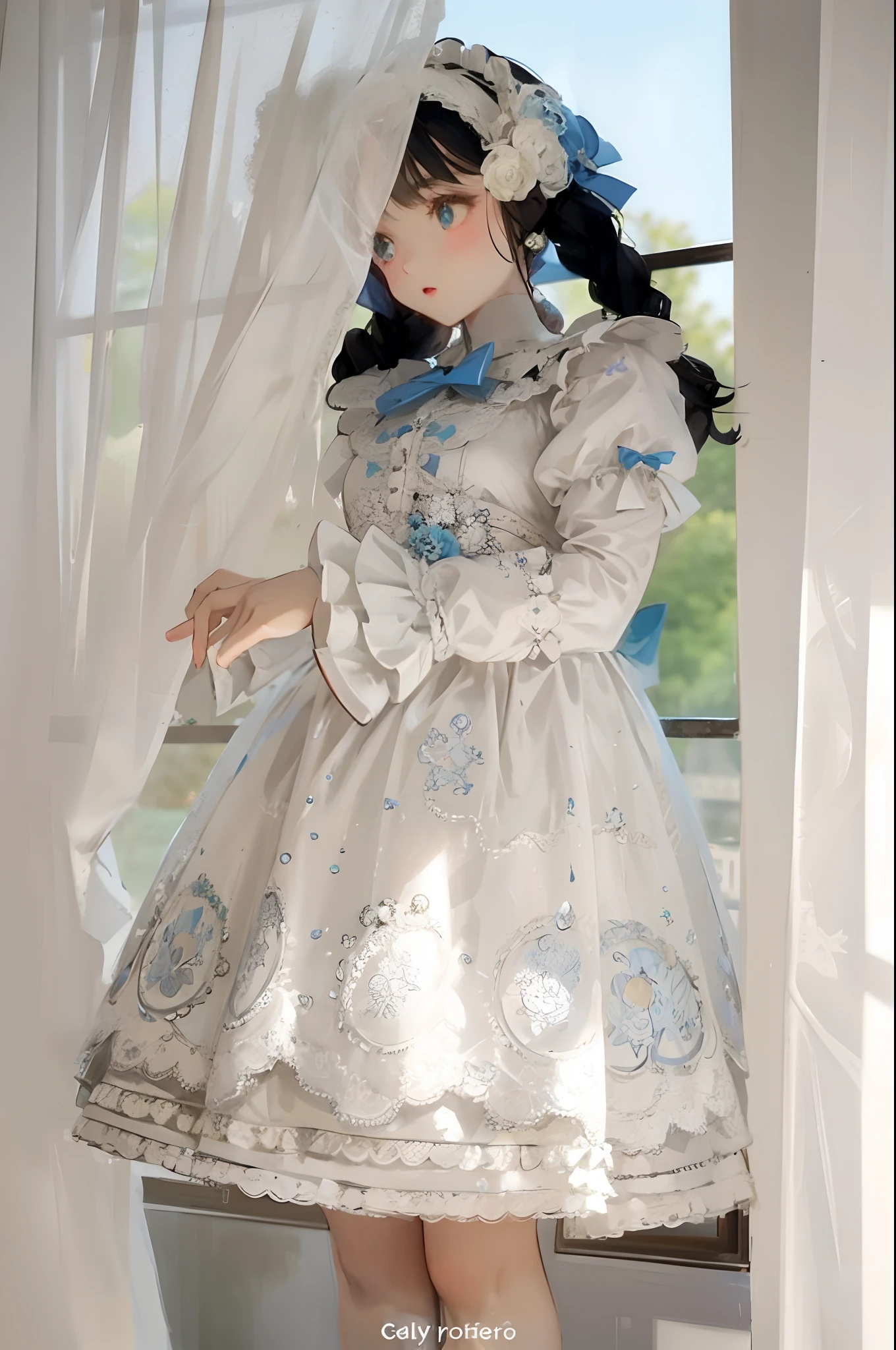 a close up of a doll in a white dress and blue bow, rococo dress, dress in the style of rococo, rococo ruffles dress, white royal dress, dreamy and detailed, victorian gothic lolita fashion, lolita fashion, lolita style, victorian blue dress, intricate victorian dress, cosplay of a catboy! maid! dress, intricate fantasy dress