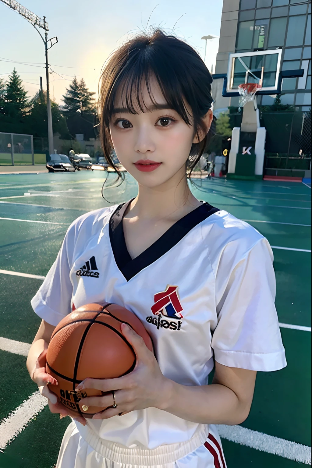 (8k、top-quality、masterpiece:1.2)、(realisitic、Photorealsitic:1.37)、Suzu Hirose、ultra-detailliert、top-quality、超A high resolution、professionally lit、Photon Mapping、Radio City、physically-based renderingt、Cinematic Lighting、Basketball court,depth of fields,Focusing,Sun'rays,Good composition,(Bokeh:1.2),1人,(full bodyesbian),(Keep your mouth shut),Beautiful eyes,the pose,Constriction,Basketball Uniforms,Adidas、A dark-haired,bob,(ulzzang-6500:1.2) mix4, hiqcgbody