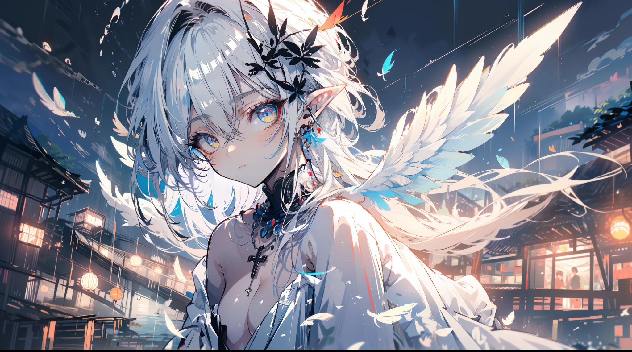 (((masterpiece))), (((best quality))), official art, extremely detailed cg unity 8k wallpaper, (((sketch))), night, rain, beautiful detailed sky, beautiful detailed water, game cg, huge filesize, sketch, solo, boy, angel, long hair, white hair, wet hair, hair between eyes, hair behind ear, white colored eyelashes, beautiful detailed eyes, expressionless eyes, yellow eyes, half-closed eyes, shoes, halo, cross necklace, looking down, sitting, leg hug, hair blowing, feather hair ornament, leaf hair ornament, forest, lakeside, (((flat chest))), (((white robe))), long sleeve, bandage, white eyepatch, elf ear, (((big white wings))), birds