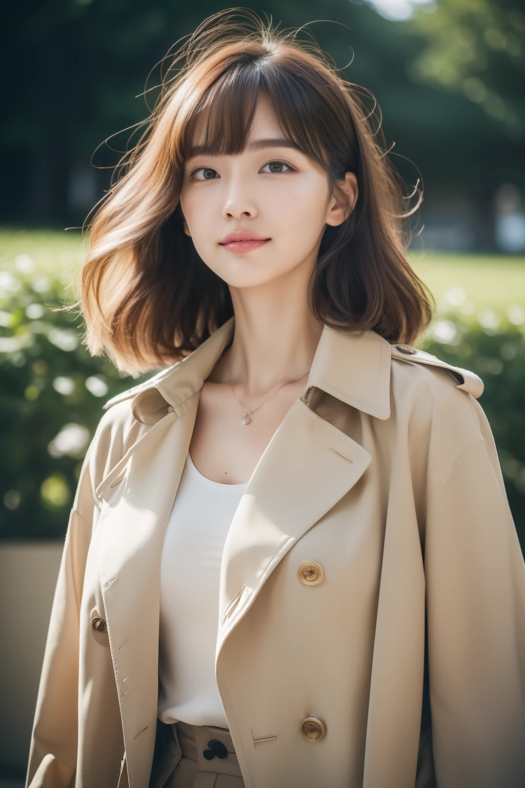 (8k RAW photo, Best Quality), ((masutepiece)), 超A high resolution, Film grain, filmg,( 20yr old, Slender face, 1girl in, long eyelashes, Eye Highlights), Natural Skin Texture, A perfectly proportioned face, realistic eyes and face details, lip stick, (makeup), Red eyeshadow, Perm Hair, Fluffy short hair, hair messy, Smile, closes mouth, Beautiful legs, Tall lady, skinny, slim_Legs, Solo, huge-breasted, Ass,(chee), (Detailed background), ((Open Front Trench Coat,White inner shirt)), huge-breasted, Blurry background, Blurry, Brown hair, Bangs, a necklace, Parted lips, depth of fields