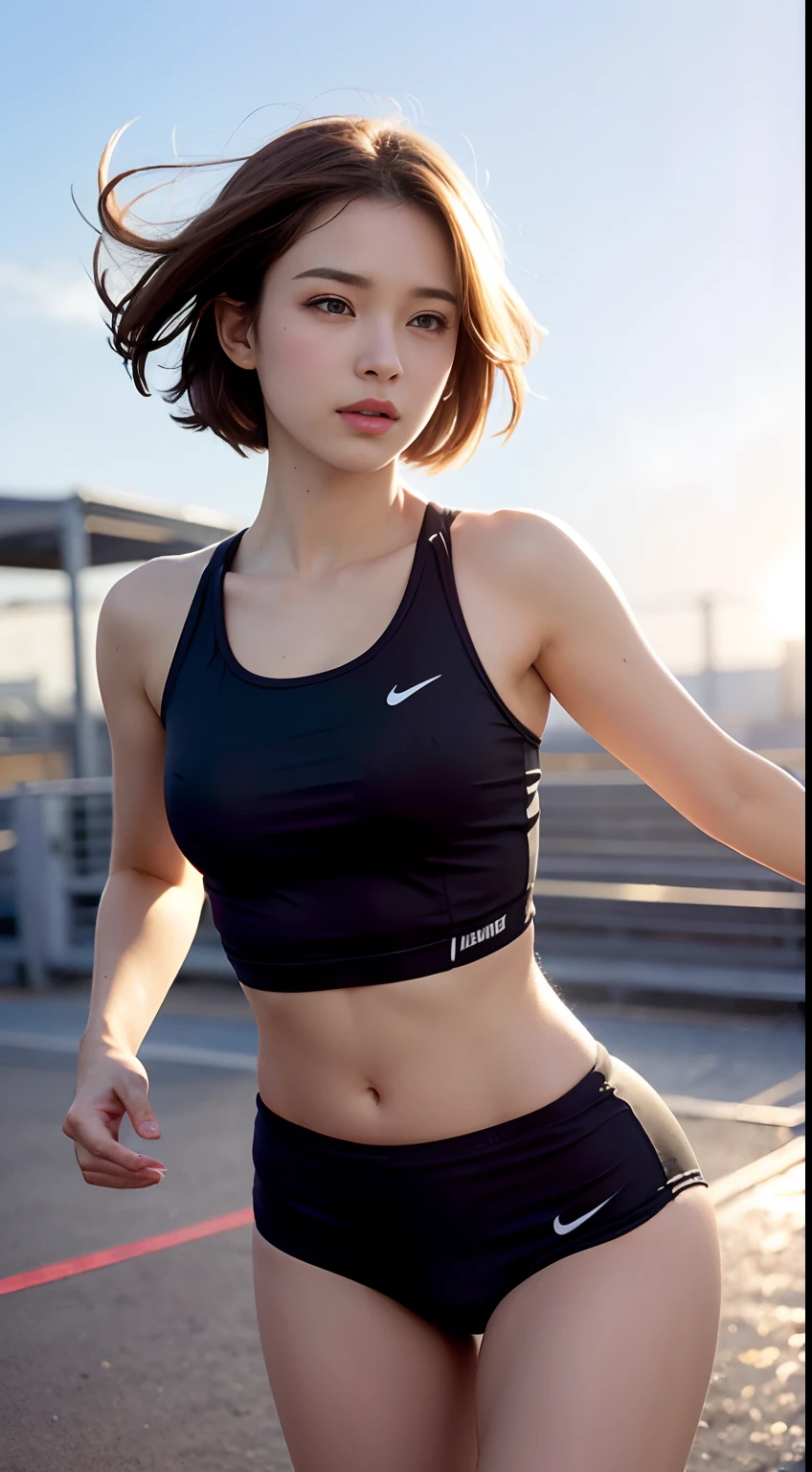 (Solo), (a detailed full-body RAW photo of a girl), (masutepiece:1.0), (Best Quality:1.4), (超A high resolution:1.2), (Photorealistic:1.4), 8K resolution, Canon EOS R5, 50 millimeters, absurderes, ultra-detailliert, (18yo), back focus, Cinematic lighting, Detailed beautiful face, (no-makeup:1.2), (ulzzang -6500-v1.1), petite figure, Detailed skin texture, (flat chest:1.4), (skinny and fit body:1.6), Detailed brown hair,  sweltering,(Very short hair:1.5), See Through wear, (black Nike Competition Athletic Wear sports tights:1.5), More transparent, low rise, realistic glistening skin, Detailed texture, (erect nipples:1.0), Cameltoe, well-developed abs, (flat chest:1.2), (highschool athlete:1.2)