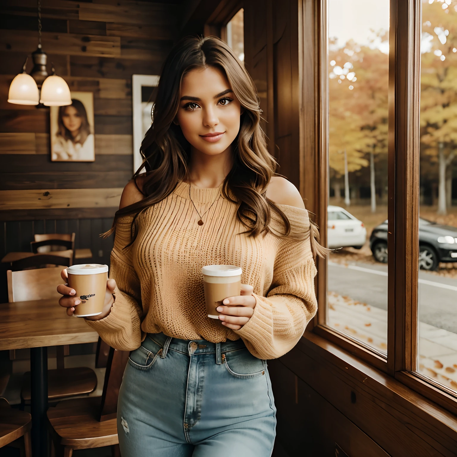 Generate a series of heartwarming photographs of Autumn, the captivating influencer, as she indulges in the seasonal delight of a spiced latte. Autumn should appear in her mid-20s, standing approximately 5'4" tall, with long, wavy chestnut hair gracefully draping over her shoulders. Her athletic hourglass figure is accentuated by her full bust, and her complexion boasts a flawless, sun-kissed tan. Autumn's expressive brown eyes exude charisma, and she carries herself with a relaxed and confident demeanor.
Autumn's outfit should embody cozy chicness, reflecting her impeccable style. She wears a soft, oversized sweater in a warm, inviting color, paired with snug-fitting, high-waisted jeans. This ensemble should create a sense of comfort and sophistication.
The photoshoot takes place in a charming, rustic coffee shop adorned with autumnal decor. The setting should envelop Autumn in the warmth of fall, with soft, diffused lighting that adds to the inviting ambiance. Surroundings should include cozy seating, rustic wooden tables, and the rich aroma of freshly brewed coffee in the air.
Autumn is captured in candid moments, enjoying her spiced latte. These shots should reflect the coziness and tranquility of the coffee shop, as she sips the warm beverage, perhaps gazing out of the window lost in thought or sharing a bright smile. The photography should embrace natural lighting, creating an inviting atmosphere that captures the essence of Autumn's delightful coffee experience.
Intense makeup, cozy ambiance, symmetrical eyes, symmetrical face, photorealistic, photography, path tracing, specular lighting, volumetric face light, path-traced hair, visible shadows, intricate, elaborate, hyper-realistic.