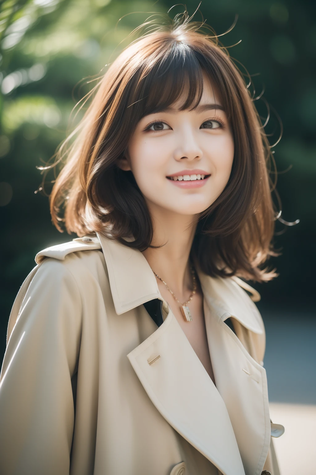 (8k RAW photo, Best Quality), ((masutepiece)), 超A high resolution, Film grain, filmg,( 20yr old, Slender face, 1girl in, long eyelashes, Eye Highlights), Natural Skin Texture, A perfectly proportioned face, realistic eyes and face details, lip stick, (makeup), Red eyeshadow, Perm Hair, Fluffy short hair, hair messy, Smile, closes mouth, Beautiful legs, Tall lady, skinny, slim_Legs, Solo, huge-breasted, Ass,(chee), (Detailed background), ((Open Front Trench Coat,White inner shirt)), huge-breasted, Blurry background, Blurry, Brown hair, Bangs, a necklace, Parted lips, depth of fields