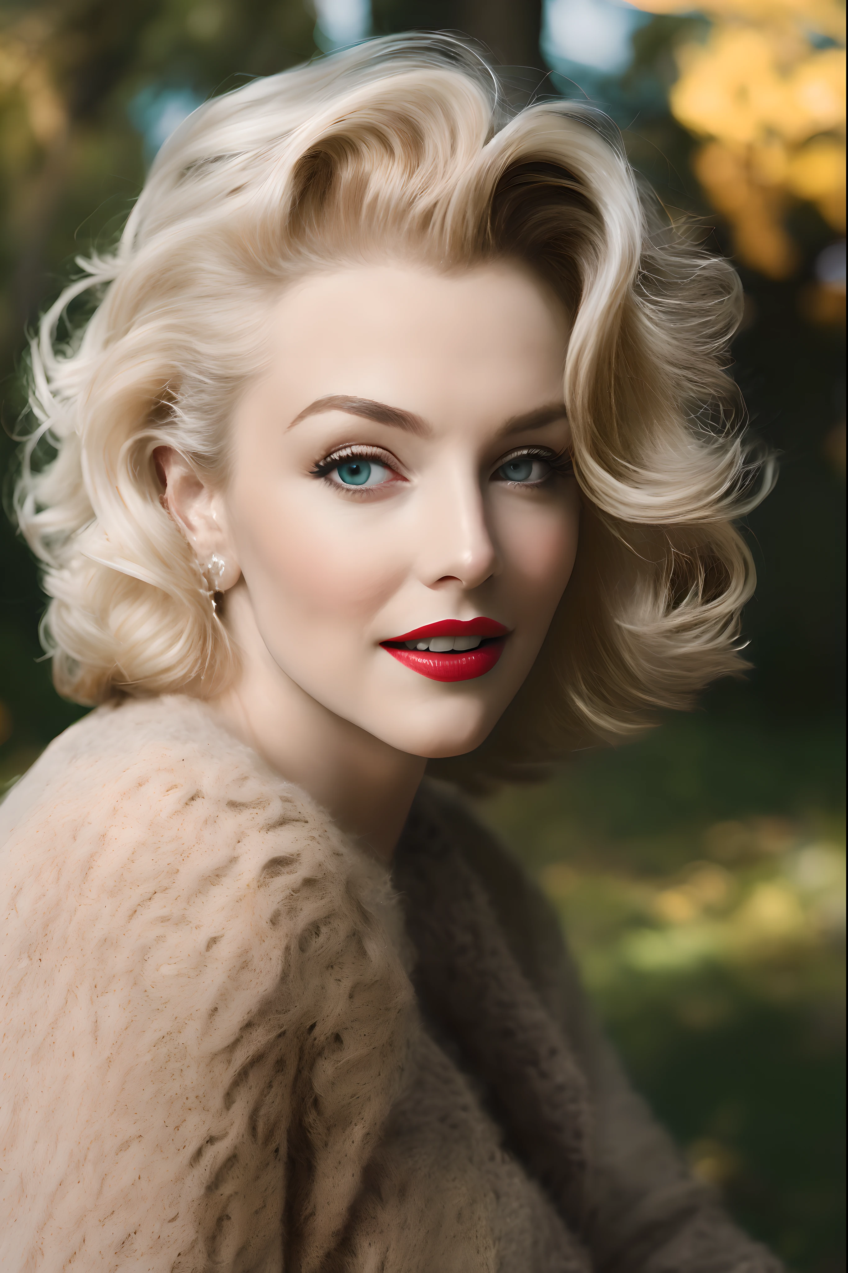 Marilyn Monroe wearing sweater, portrait, beautiful face, pretty eyes, outside, portrait, park, trees, teeth, eyes open, ward winning photo, best quality, upper body, JenniferConnelly, nikon d850 film stock photograph 4 kodak 400 camera f1.6 lens rich colors hyper realistic lifelike texture natural lighting trending on artstation cinestill 800, (100mm lens)