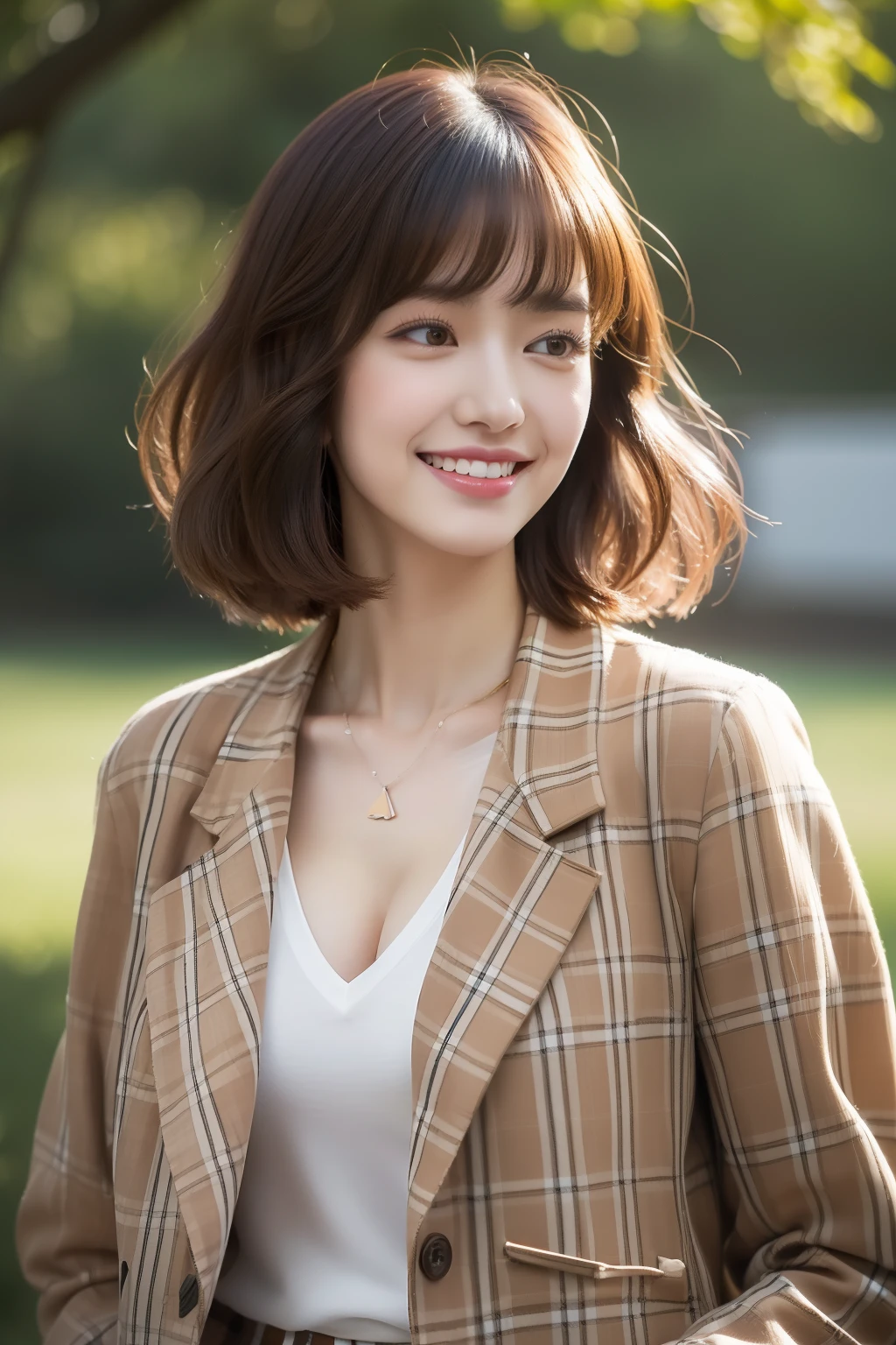 (8k RAW photo, Best Quality), ((masutepiece)), 超A high resolution, Film grain, filmg,( 20yr old, Slender face, 1girl in, long eyelashes, Eye Highlights), Natural Skin Texture, A perfectly proportioned face, realistic eyes and face details, lip stick, (makeup), Red eyeshadow, Perm Hair, Fluffy short hair, hair messy, Smile, closes mouth, Beautiful legs, Tall lady, skinny, slim_Legs, Solo, huge-breasted, Ass,(chee), (Detailed background), ((Brown plaid jacket,White inner shirt)), huge-breasted, Blurry background, Blurry, Brown hair, Bangs, a necklace, Parted lips, depth of fields