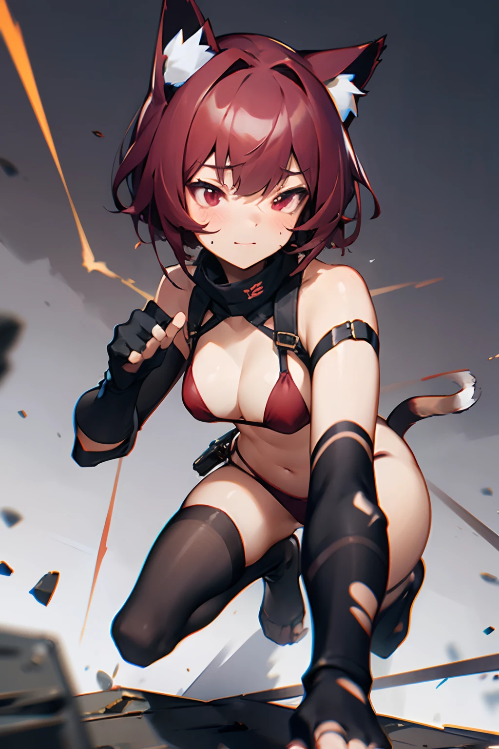 1 girl, 8k, artstation, ((masterpiece)), depth of field, ((face portrait)), (cat ears), glowing red eyes, soft smile, string bikini, stockings, military, fingerless gloves, cinematic, ((action shot)), ((action pose))