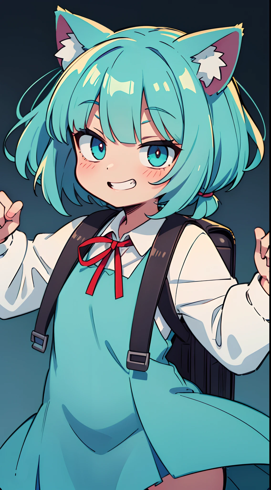portrait of solo ((catgirl)) (, 9 yearsshort fluffy turquoise hair in a wavy bob-cut with low twintails)), ((turquoise nekomimi)), flat-chested, smug grin, from below, low angle, (dark blue primary schooler long-sleeved one-piece uniform, red ribbon), solid color light background, masterpiece, (facing forward), squinted eyes, (dark turquoise eyes), red primary school backpack