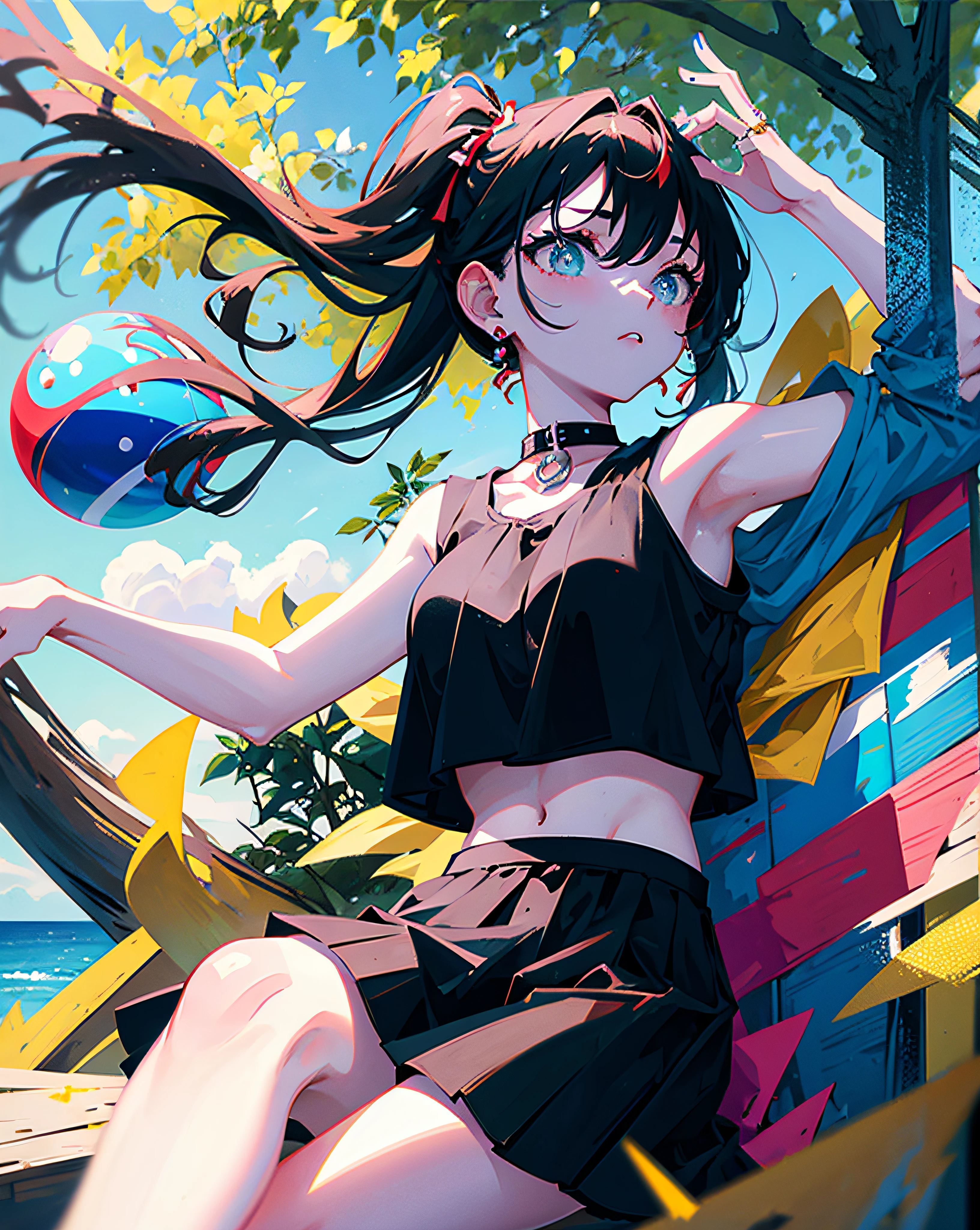 (Realistic painting style:1.0), Masterpiece, Best quality, absurderes, comic strip, illustration,
1 girl, long hair, cute girl, young and cute girl, Korean girl, {Breasts}, hana,
a girl sitting on a rock near a tree in a black dress, wearing a sexy cropped top, wearing crop top and miniskirt, black top, wearing a black cropped tank top, black skirt, a black chocker,