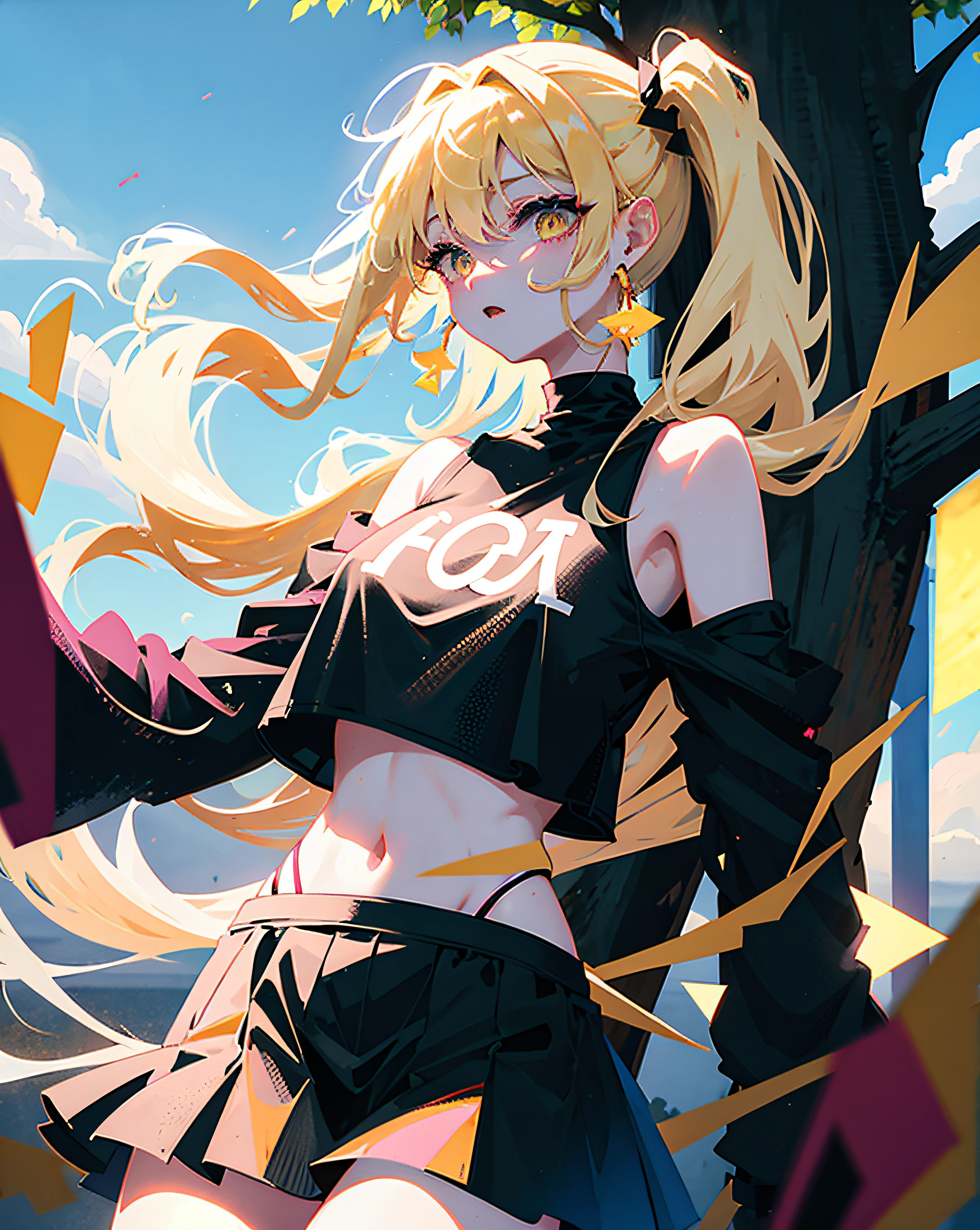 (Realistic painting style:1.0), Masterpiece, Best quality, absurderes, comic strip, illustration,
1 girl, Long hair, Cute girl, young and cute girl, Korean girl, {Breasts}, Hana,
A girl in a black dress sits on a rock next to a tree, wearing sexy cropped top, wearing crop top and miniskirt, Black top, wearing a black cropped tank top, Black skirt, a black choker,
Blonde, Blonde hair, blond hairbl,