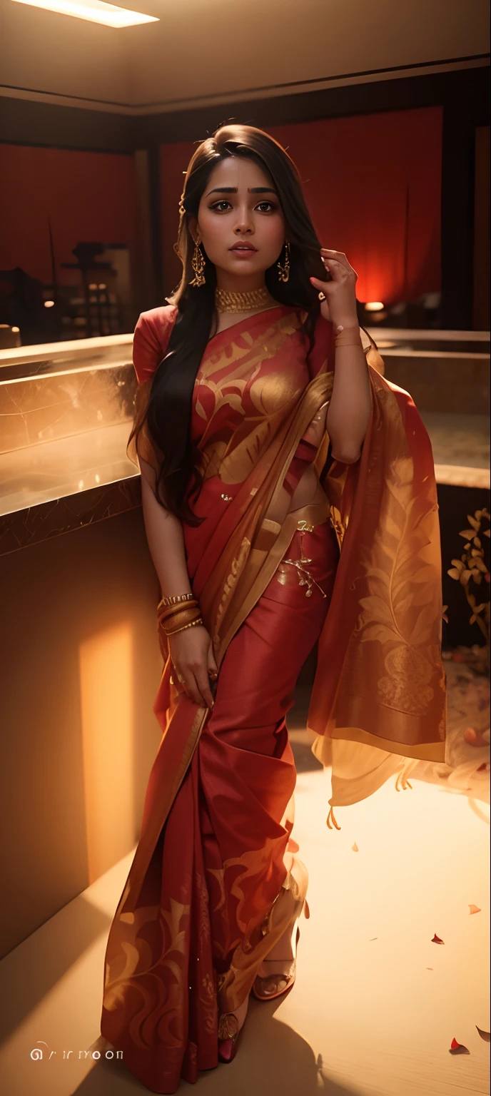 there is a woman standing in a room with a red carpet, candid picture, sari, dressed in a sari, very extremely beautiful, very beautiful photo, stylish pose, very beautiful enga style, wearing a sari, with lovely look, very beautiful, wearing sari, beutifull, attractive girl, candid photo, beautiful, elegant lady, very very beautiful, profile photo
