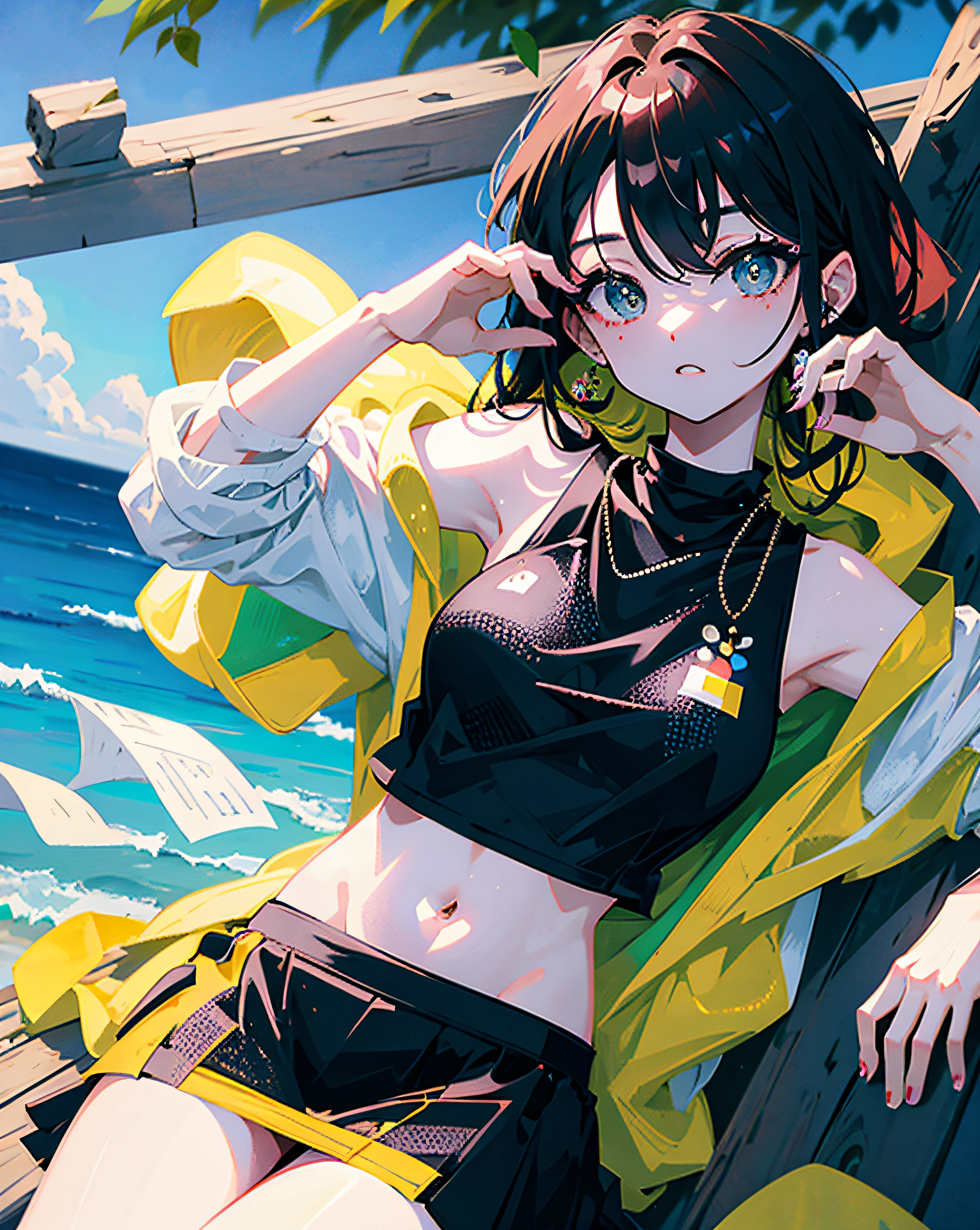 (Realistic painting style:1.0), Masterpiece, Best quality, absurderes, comic strip, illustration,
1 girl, long hair, cute girl, young and cute girl, Korean girl, {Breasts}, hana, 
a girl sitting on a rock near a tree in a black dress, wearing a sexy cropped top, wearing crop top and miniskirt, black top, wearing a black cropped tank top, black skirt, a black chocker,
