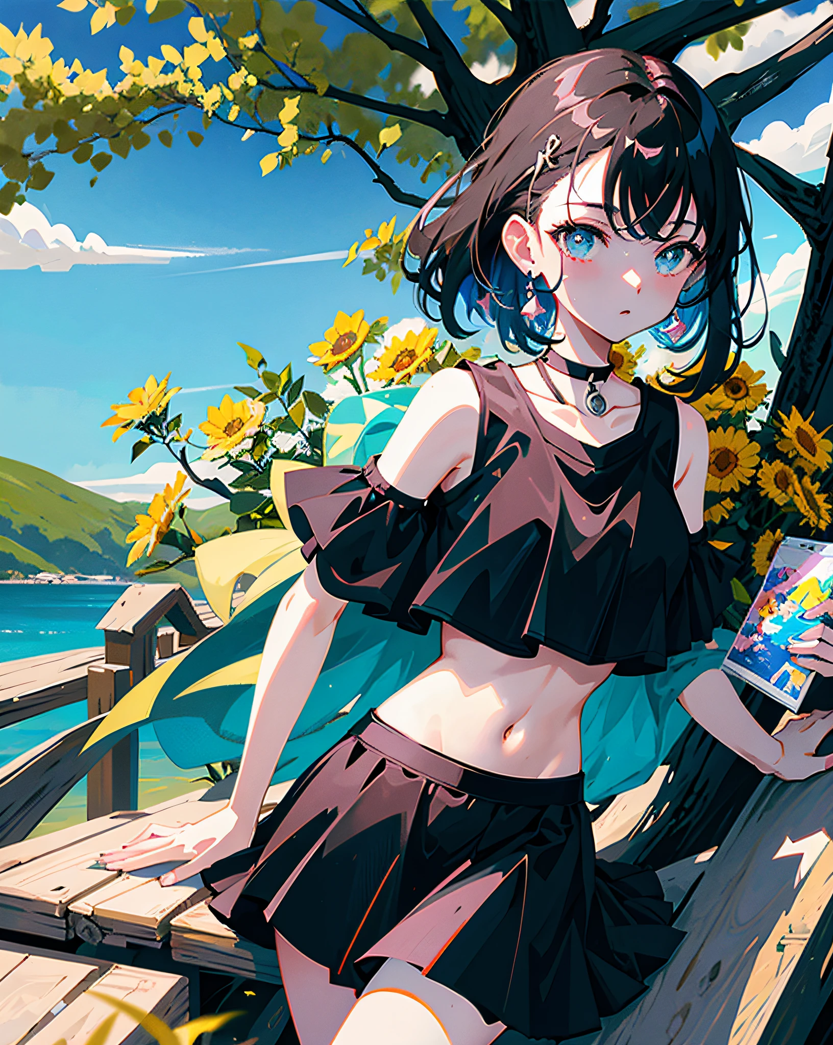 (Realistic painting style:1.0), Masterpiece, Best quality, absurderes, comic strip, illustration,
1 girl, long hair, cute girl, young and cute girl, Korean girl, {Breasts}, hana, 
a girl sitting on a rock near a tree in a black dress, wearing a sexy cropped top, wearing crop top and miniskirt, black top, wearing a black cropped tank top, black skirt, a black chocker,