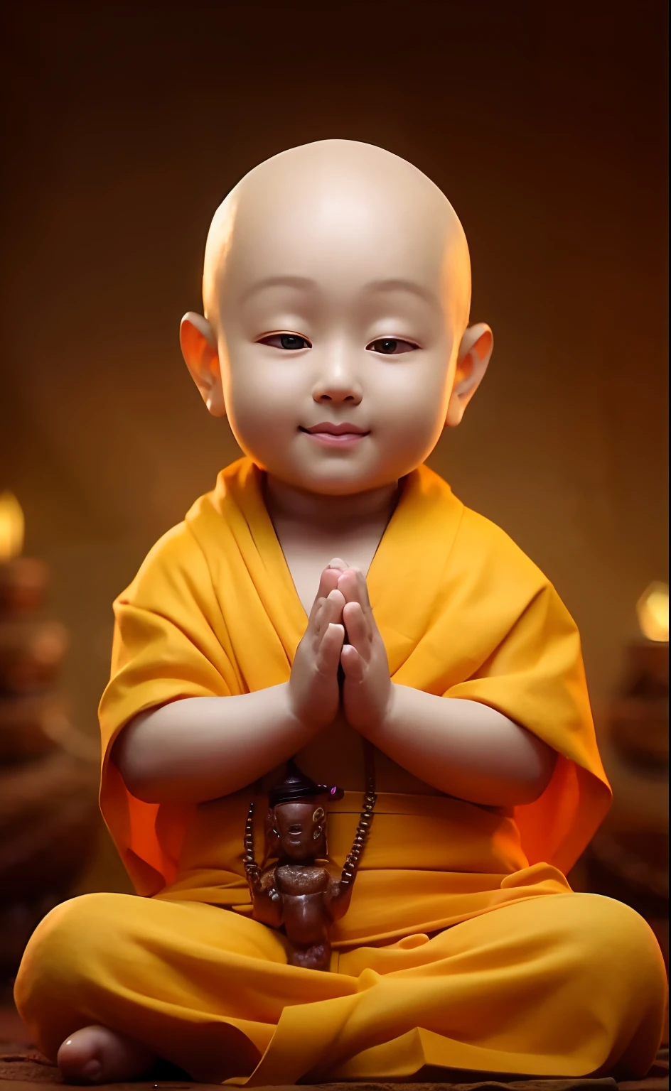 a close up of a child sitting in a meditation position, Buddhist, buddhist monk, Buddhism, monk clothes, monk meditation, monk, blessing hand, prayer meditation, he is greeting you warmly, Buddhist monk meditation, monk, portrait of monk, Serene expression, lovely digital painting, wearing brown robes, peaceful expression, happy and spirited expression, peace