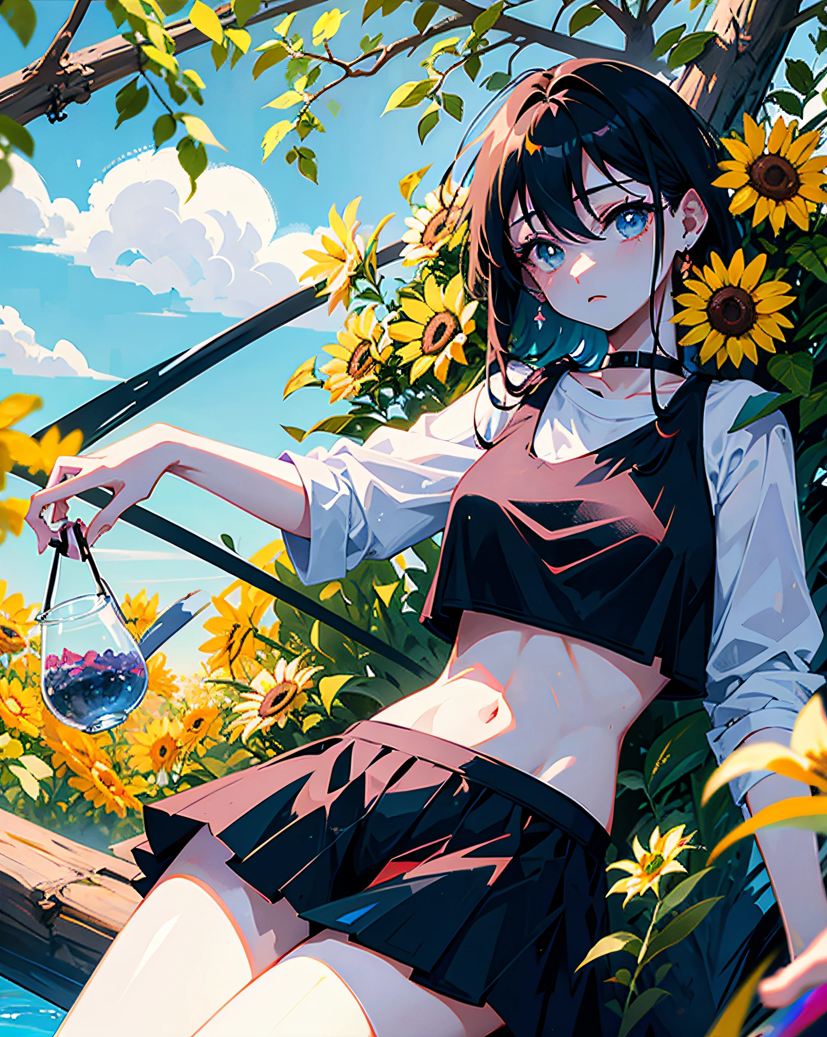 (Realistic painting style:1.0), Masterpiece, Best quality, absurderes, comic strip, illustration,
1 girl, long hair, cute girl, young and cute girl, Korean girl, {Breasts}, hana,
a girl sitting on a rock near a tree in a black dress, wearing a sexy cropped top, wearing crop top and miniskirt, black top, wearing a black cropped tank top, black skirt, a black chocker,