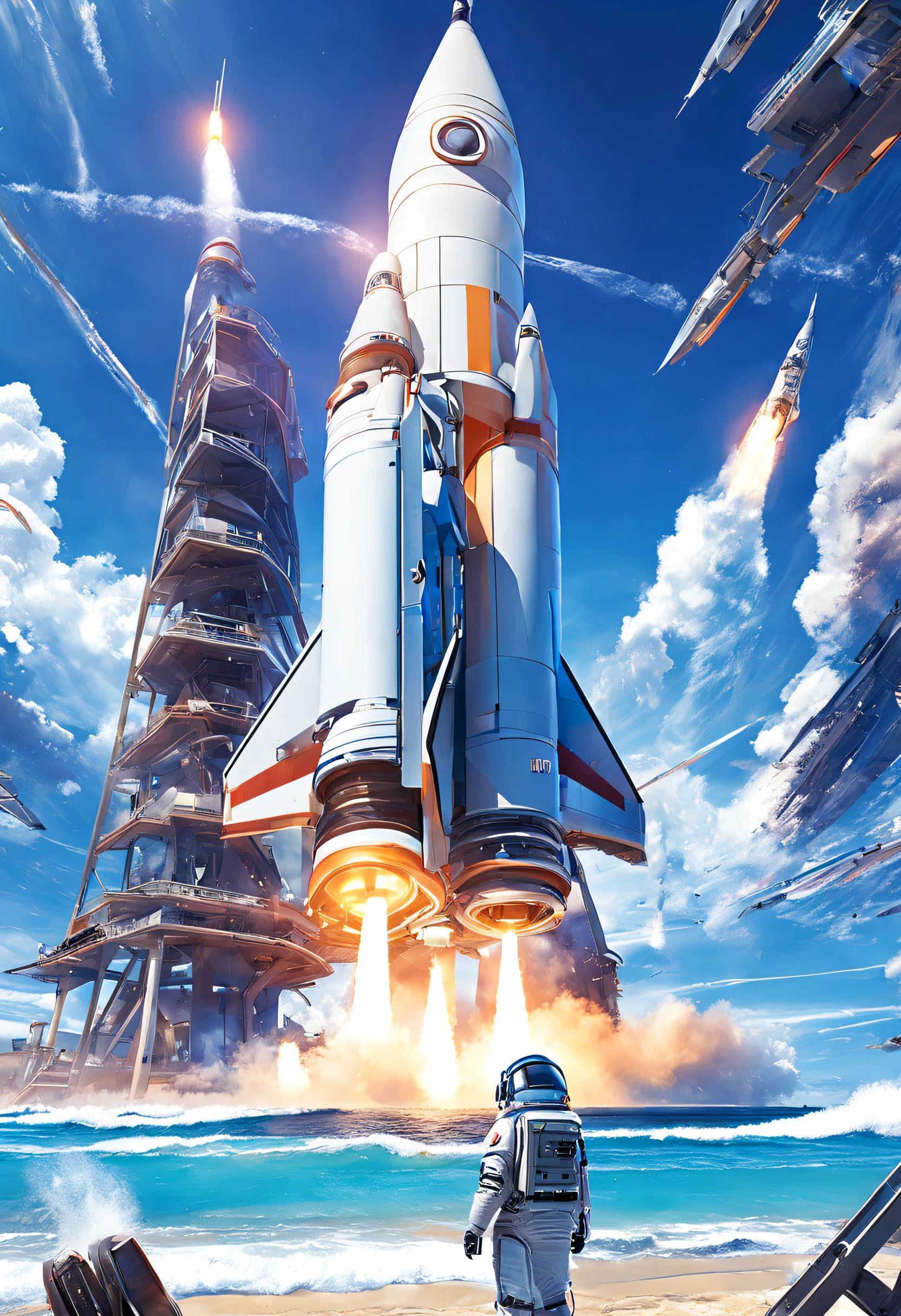 Rocket launch pads by the sea, Sandy Beach, Crashing waves, clear blue skies, Powerful rocket engine, Space missions, Excitement and anticipation, detailed spaceship, Spectacular views, takeoff, surreal atmosphere, High-resolution image quality, Vibrant colors, Dynamic lighting