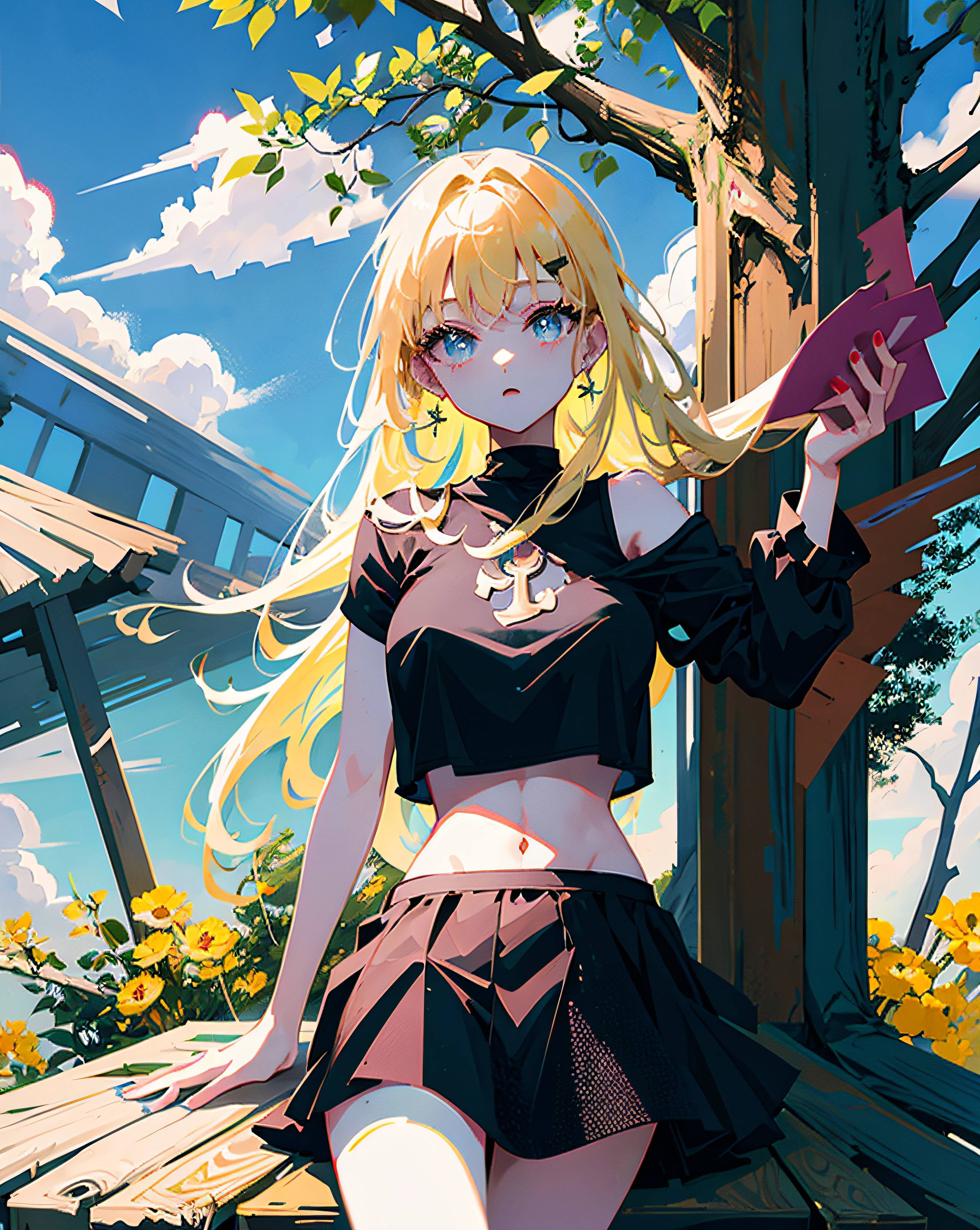 (Realistic painting style:1.0), Masterpiece, Best quality, absurderes, comic strip, illustration,
1 girl, long hair, cute girl, young and cute girl, Korean girl, {Breasts}, hana,
a girl sitting on a rock near a tree in a black dress, wearing a sexy cropped top, wearing crop top and miniskirt, black top, wearing a black cropped tank top, black skirt, a black chocker,