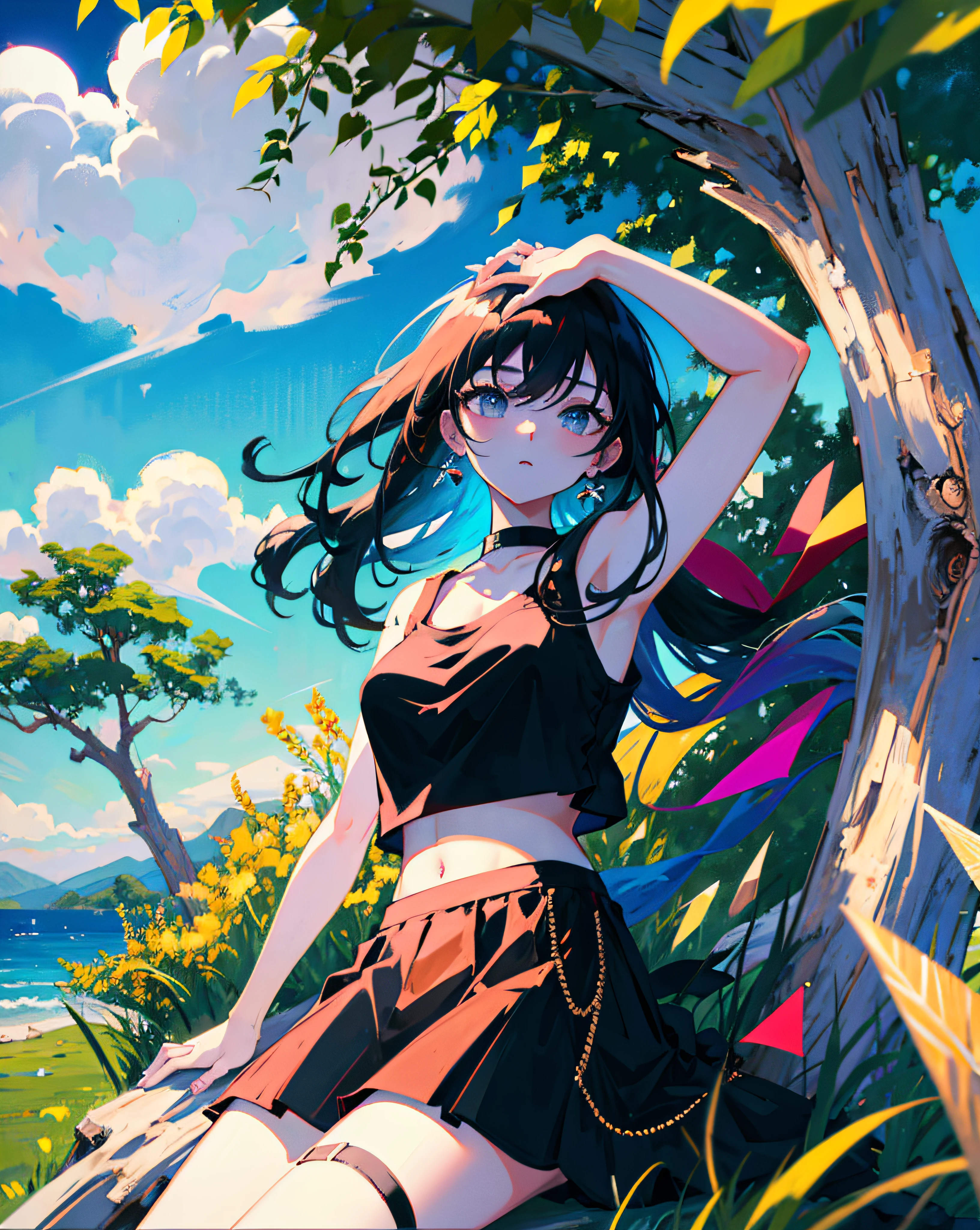 (Realistic painting style:1.0), Masterpiece, Best quality, absurderes, comic strip, illustration,
1 girl, long hair, cute girl, young and cute girl, Korean girl, {Breasts}, hana,
a girl sitting on a rock near a tree in a black dress, wearing a sexy cropped top, wearing crop top and miniskirt, black top, wearing a black cropped tank top, black skirt, a black chocker,