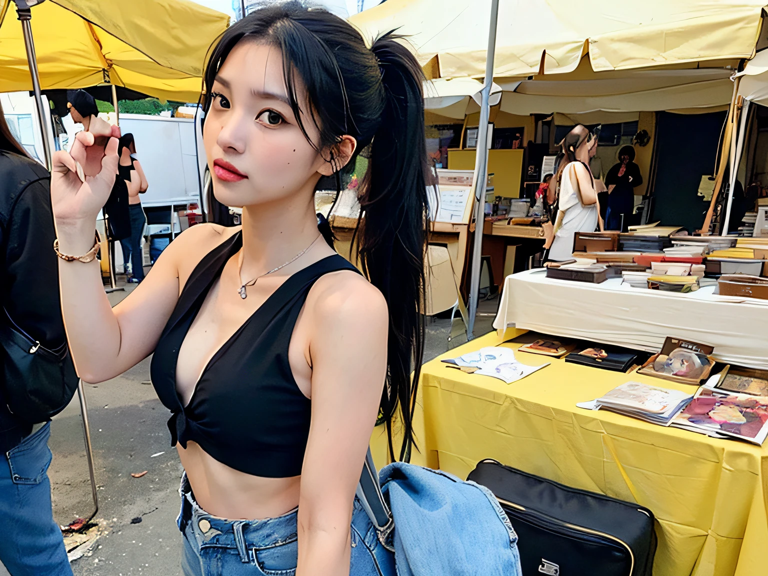 (((briana junko))), (long black hair tied in a messy ponytail), ((carrying a small backpack)), ((wearing yellow halter top with jeans)), (((shopping at a flea market)))