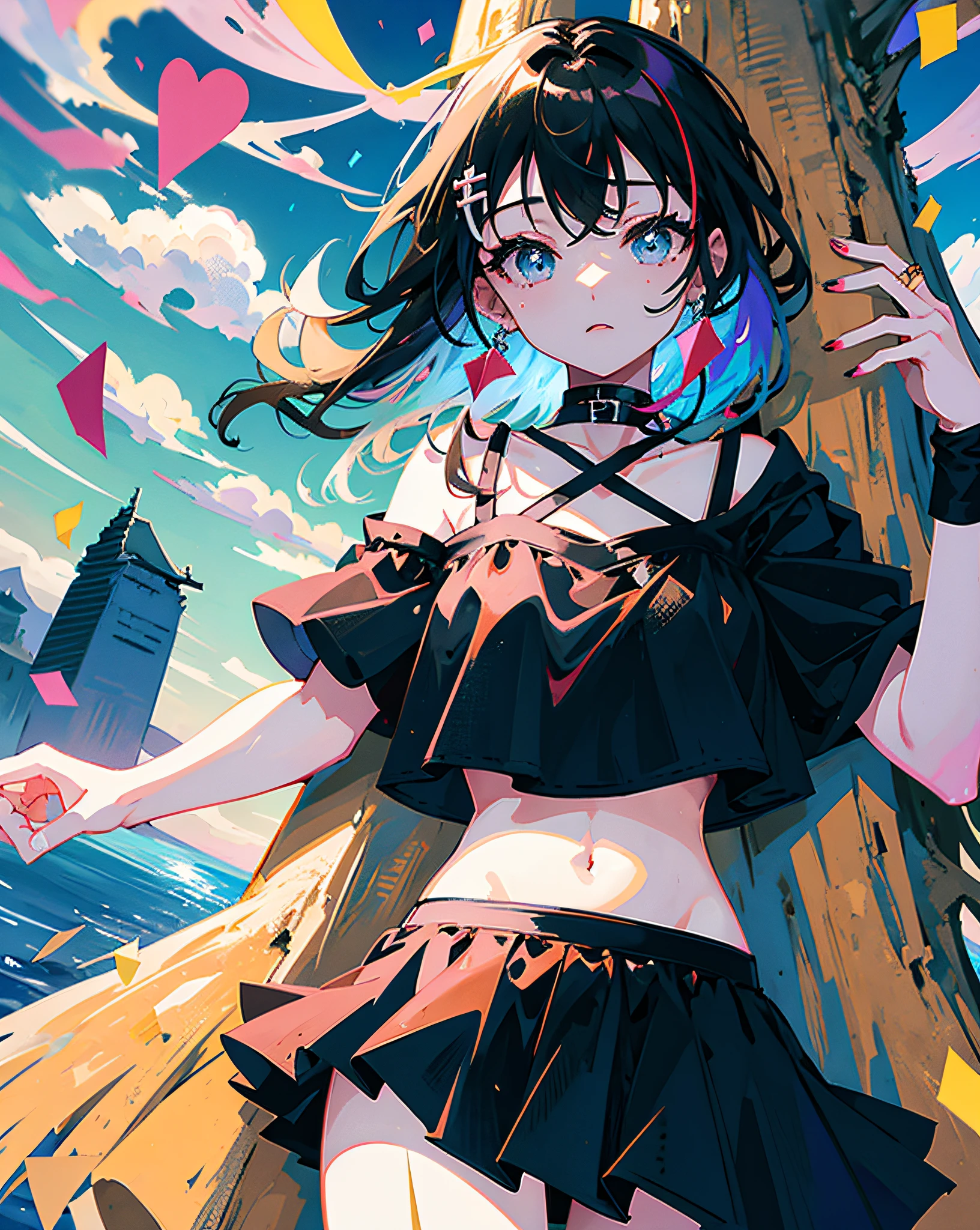 (Realistic painting style:1.0), Masterpiece, Best quality, absurderes, comic strip, illustration,
1 girl, long hair, cute girl, young and cute girl, Korean girl, {Breasts}, hana,
a girl sitting on a rock near a tree in a black dress, wearing a sexy cropped top, wearing crop top and miniskirt, black top, wearing a black cropped tank top, black skirt, a black chocker,