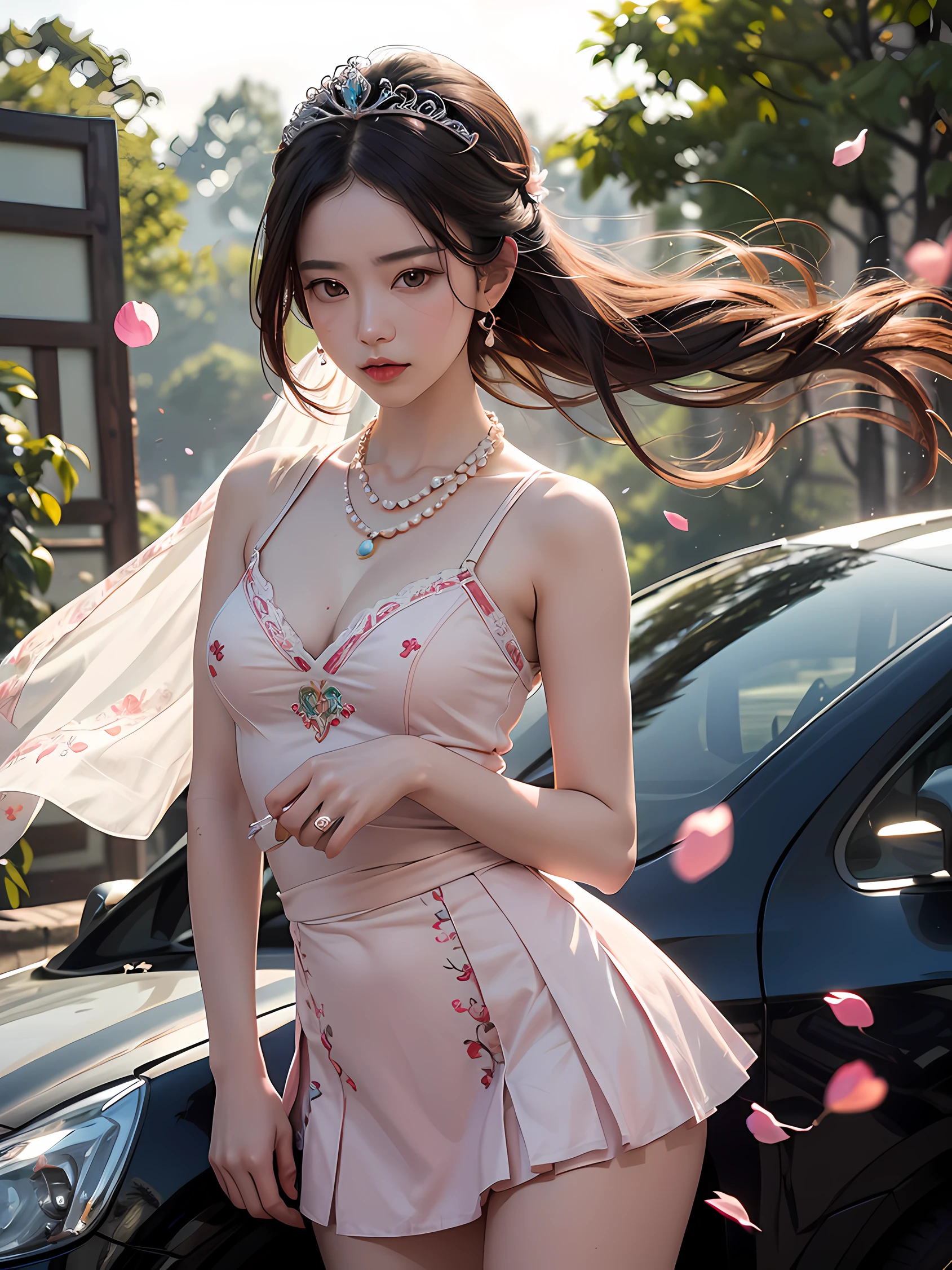 Arafe woman in short skirt leaning against car, Korean Girl, Gorgeous young Korean woman, Korean Woman, Asian Girl, Beautiful young Korean woman, Chinese girl, korean female fashion model, Japanese Models, Beautiful Asian Girl, asian female, kim jung gi, park ji-min, gorgeous chinese model, Young Asian Girl, Sexy Girl, Unbeatable masterpiece, Ultra photo realsisim , Perfect Artwork , Intricate details , Best Quality , strong lights , High contrast , Dynamic Pose , Dutch Angle , ((depth of fields:1.8)) , (Best Quality] , [masuter piece] , [High resolution] , Original highly detailed wall pipe , Flower marries a girl , Solo ,Highly detailed , Cool images , Beautiful , Dramatic light ,Dramatic Angle , sharp eye , (Realistic) , Black hair ,Jewel Eyes , aestheticism , Soft face , Braided long hair ,Beautiful face , [FLULTRA Details] , Lying petals , Floating petals , Falling petals , [breezing] , Wind , skyporn , Dusk ,Backlighting , Looking at Viewer , Hanfu ,She wore a nice tiara , Hairpin , Wall light , embroidery ,Huasan , Women's Hair Ornaments , eardrop , eardrop , Pearlland Jade Necklace ,