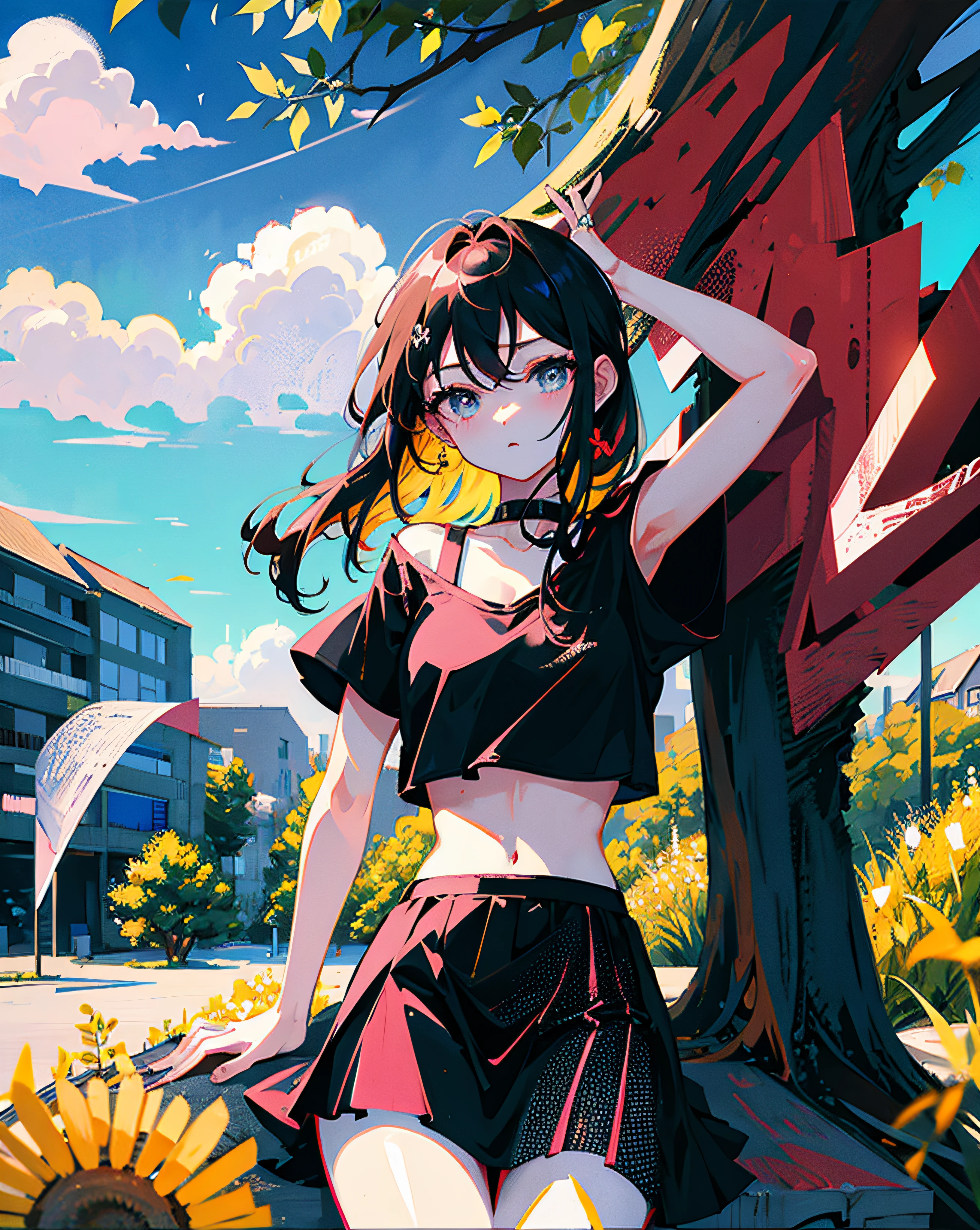 (Realistic painting style:1.0), Masterpiece, Best quality, absurderes, comic strip, illustration,
1 girl, long hair, cute girl, young and cute girl, Korean girl, {Breasts}, hana, 
a girl sitting on a rock near a tree in a black dress, wearing a sexy cropped top, wearing crop top and miniskirt, black top, wearing a black cropped tank top, black skirt, a black chocker,