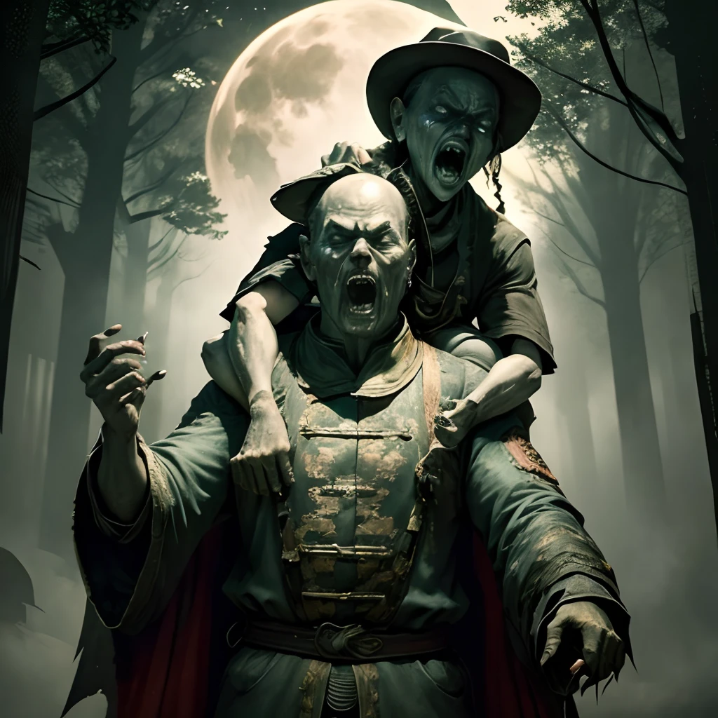 the night，Double，Balding middle-aged man in cape，Strong，The expression is fierce，bucket-hat，Ride on zombies（Chinese_Qing_zombi：1.3）shoulder on，Zombie face skin，Open-mouthed，Claws，Depict facial details in detail，The background is woods，Very large moon，barren，Full body appearance，中景 the scene is，full bodyesbian，super-fine，hyper HD