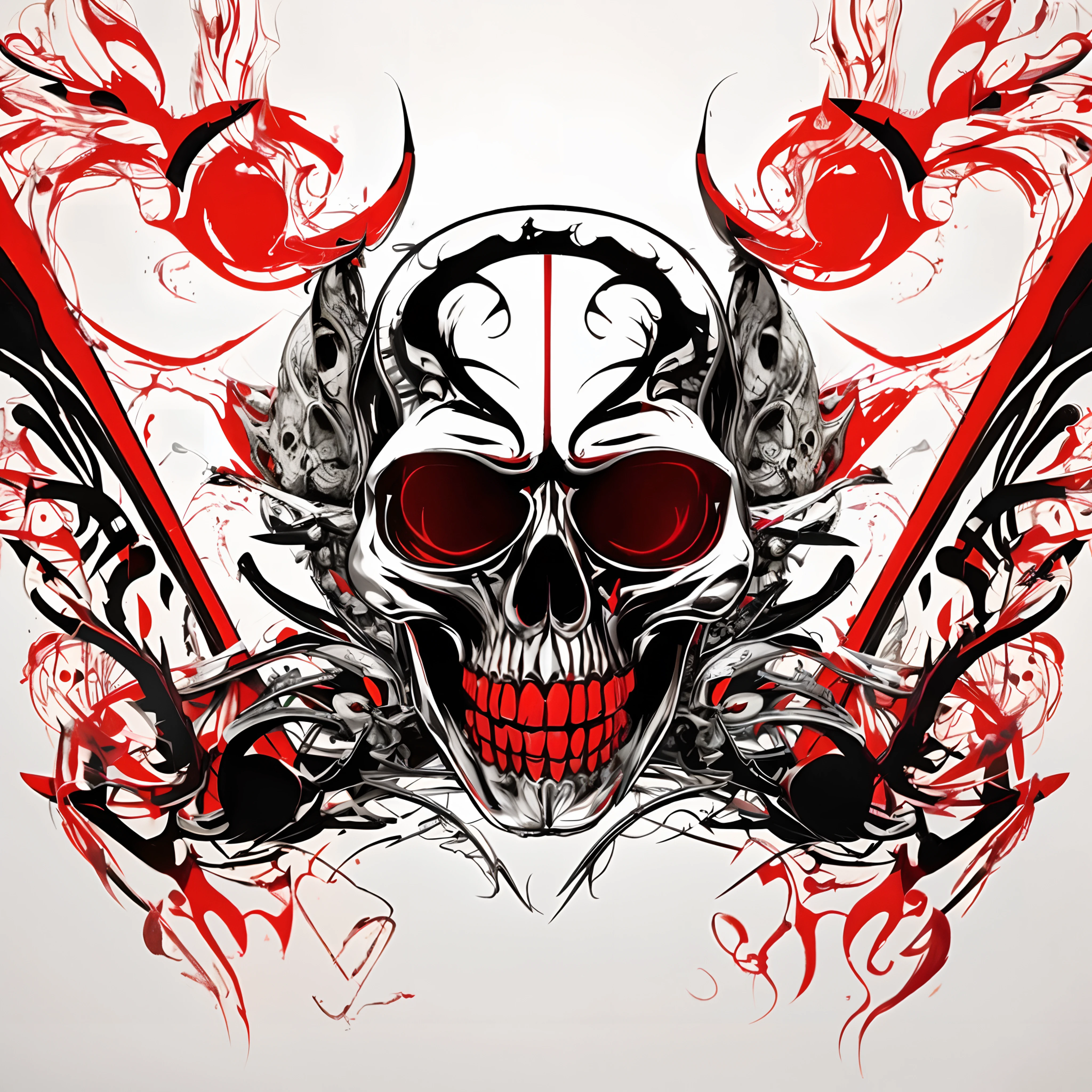 a close up of a skull with a cross and a pair of scissors, skull design for a rock band, fantasy skull, sharp high quality artwork, morphing skulls, skull paint, heavy metal artwork, death skull, metal skull with red eyes, adorned with demon skulls, heavy metal art style, hd vector art, ((skull)), flaming skull, skull like