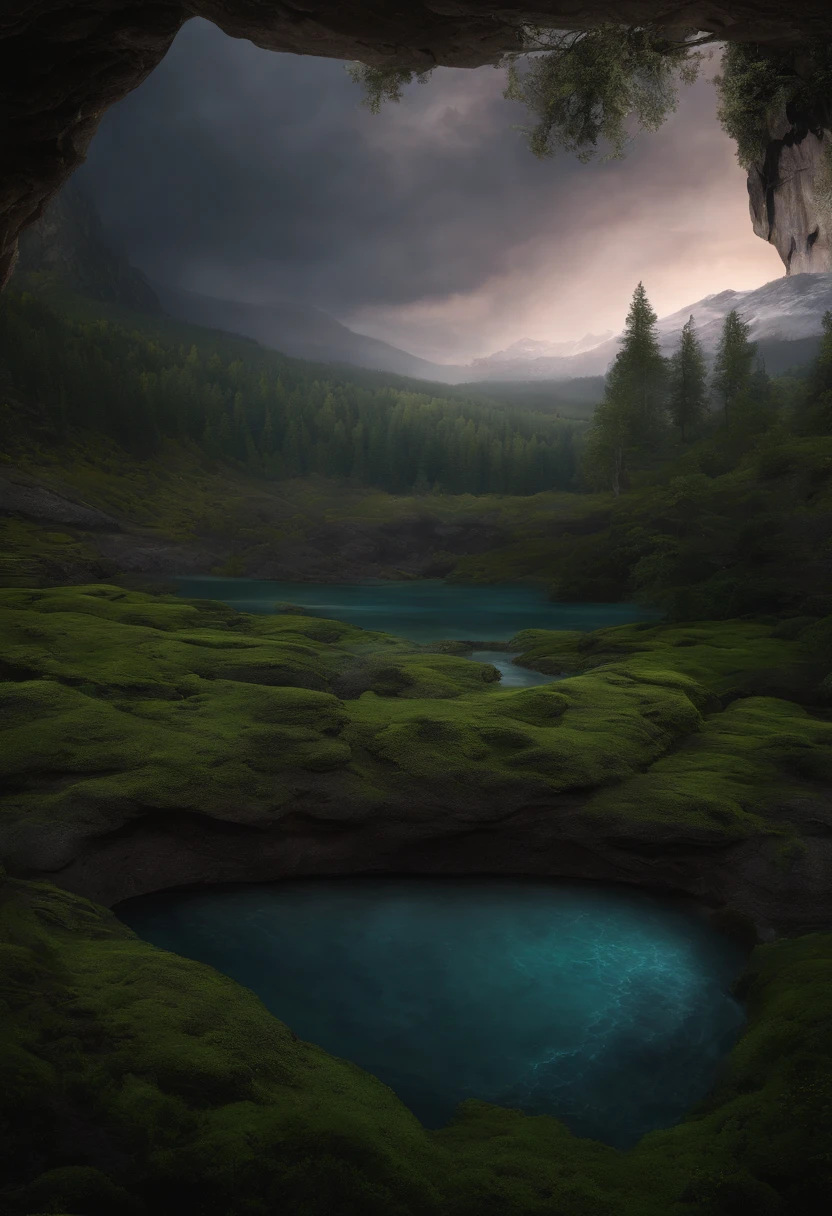 there is a picture of a painting of a pond in the woods, cave background, dark gloomy cave background, sewer background, dungeon background, underground lake, odin's stone arena background, bloodbath battlefield background, hell background, complete darkness background, valley of the damned background, arena background, bikini. background of hell. gore, background of a lava river