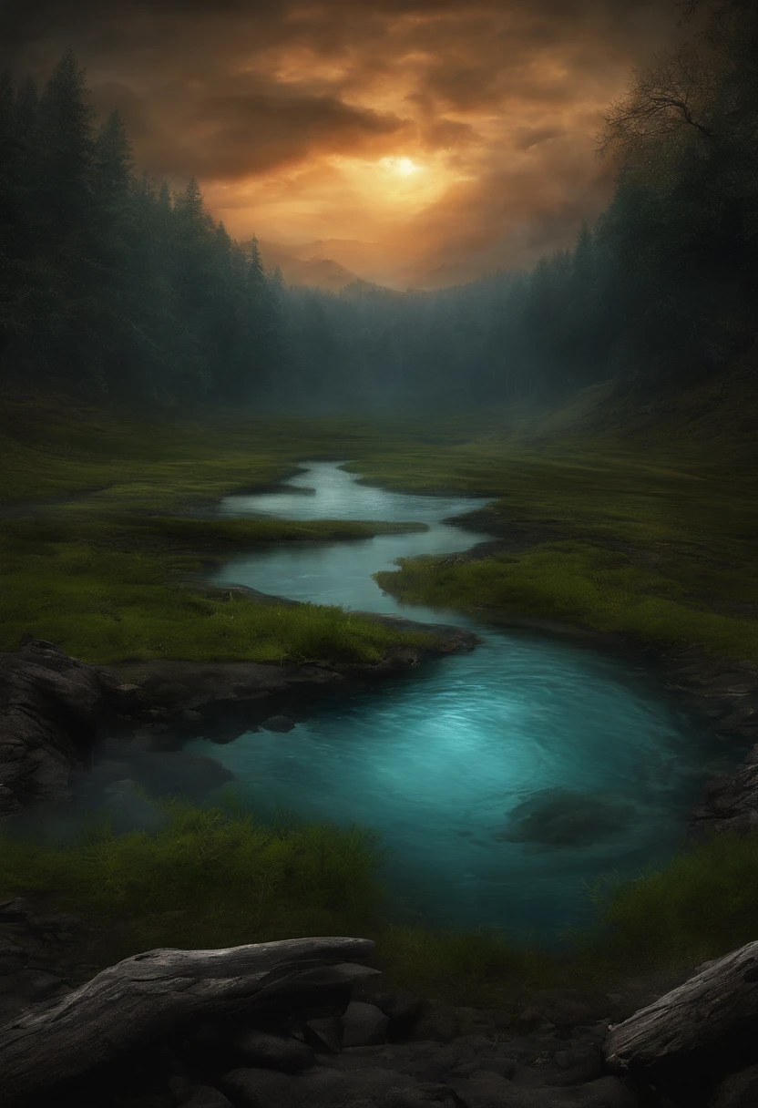 there is a picture of a painting of a pond in the woods, cave background, dark gloomy cave background, sewer background, dungeon background, underground lake, odin's stone arena background, bloodbath battlefield background, hell background, complete darkness background, valley of the damned background, arena background, bikini. background of hell. gore, background of a lava river