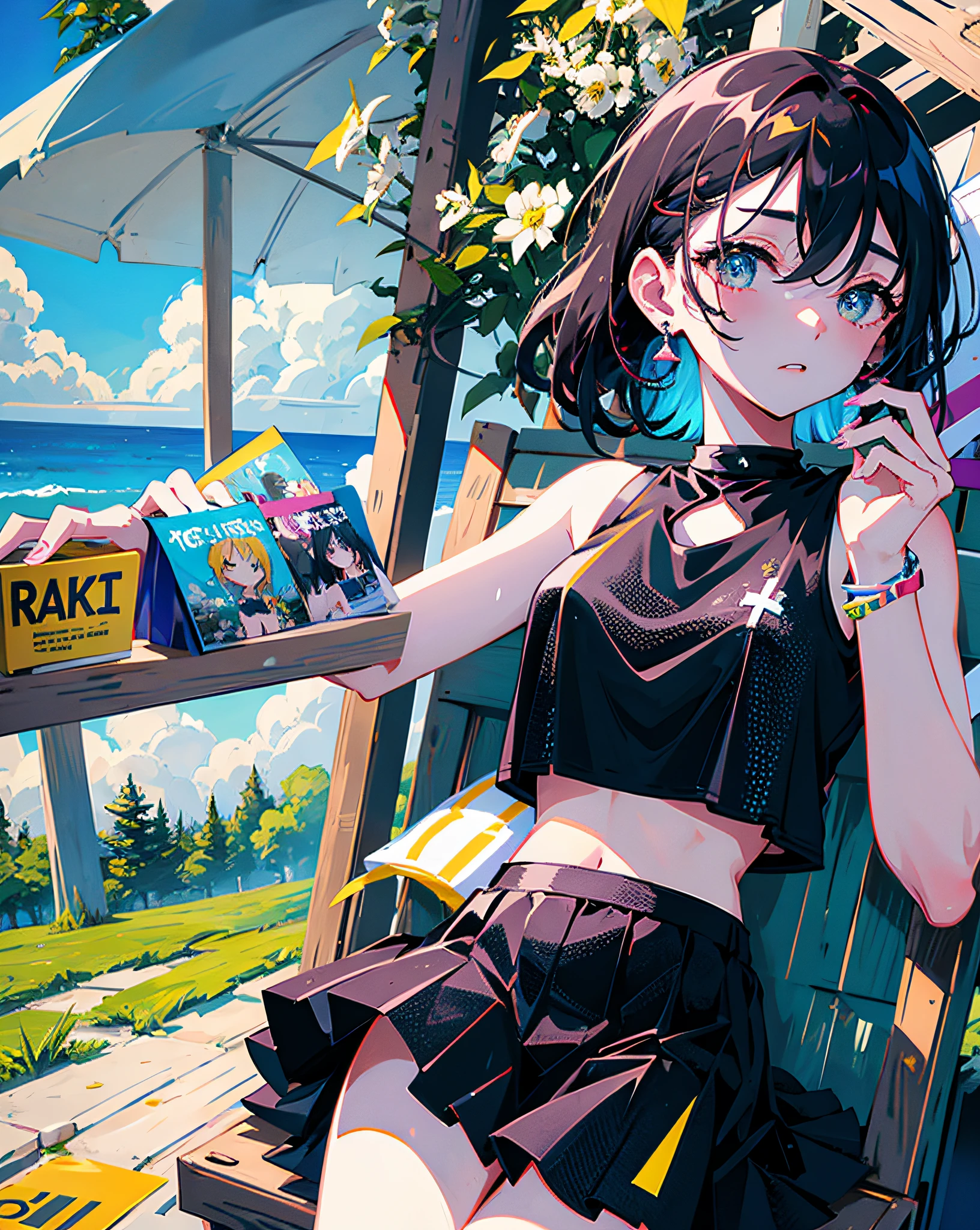 (Realistic painting style:1.0), Masterpiece, Best quality, absurderes, comic strip, illustration,
1 girl, long hair, cute girl, young and cute girl, Korean girl, {Breasts}, hana, 
a girl sitting on a rock near a tree in a black dress, wearing a sexy cropped top, wearing crop top and miniskirt, black top, wearing a black cropped tank top, black skirt, a black chocker,