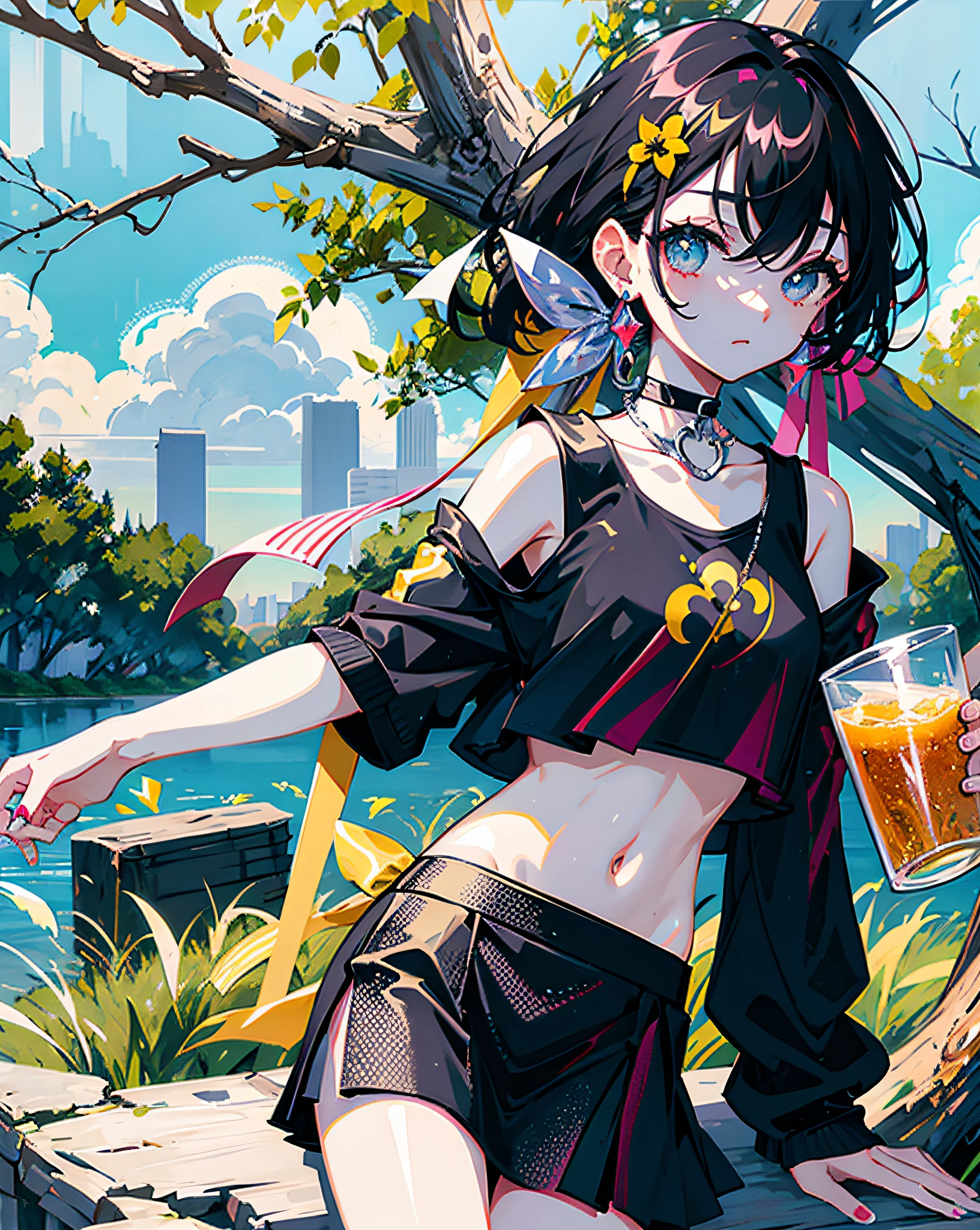 (Realistic painting style:1.0), Masterpiece, Best quality, absurderes, comic strip, illustration,
1 girl, long hair, cute girl, young and cute girl, Korean girl, {Breasts}, hana, 
a girl sitting on a rock near a tree in a black dress, wearing a sexy cropped top, wearing crop top and miniskirt, black top, wearing a black cropped tank top, black skirt, a black chocker,
