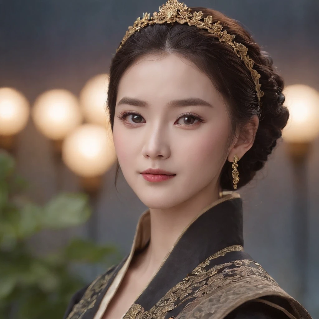 Masterpiece, best, night, full moon, 1 female, mature woman, Chinese style, ancient China, elder sister, royal sister, smile, dark brown hair, dark hair, princess cut, braid, curly hair, double ball head, pale pink Lips, calm, intellectual, medium hair, green pupils, hairpin, hydrangea, delicate face, face close-up, hand close-up