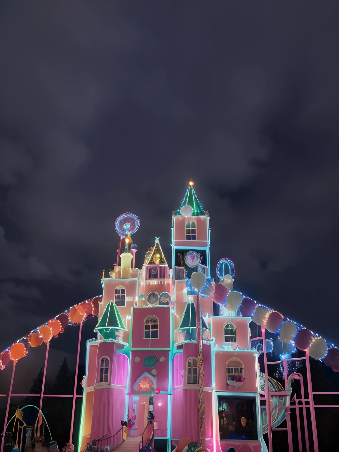 Bright building，There are carousels and carousels in front, wonderland at night, in a candy land style house, enchanted forest tower, magical village, fantasy land, Complex lighting, disney land, Lots of lights, taken with sony alpha 9, fantastical setting, howls\'s moving castle at night, magical lighting, in a candy forest! At night