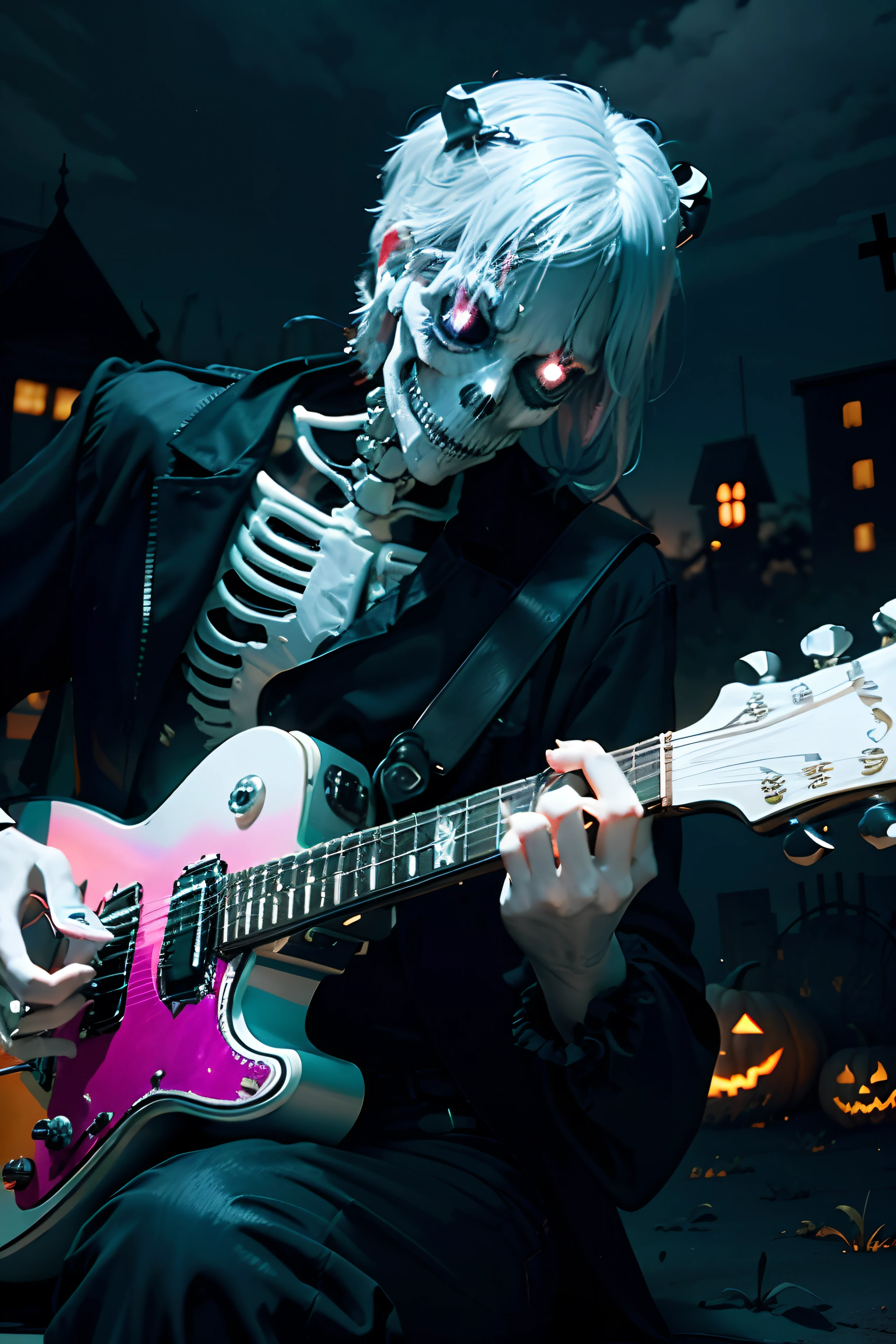 Halloween theme of a skeleton playing guitar in a graveyard with neon lights, isolated white background, printable, revanimated