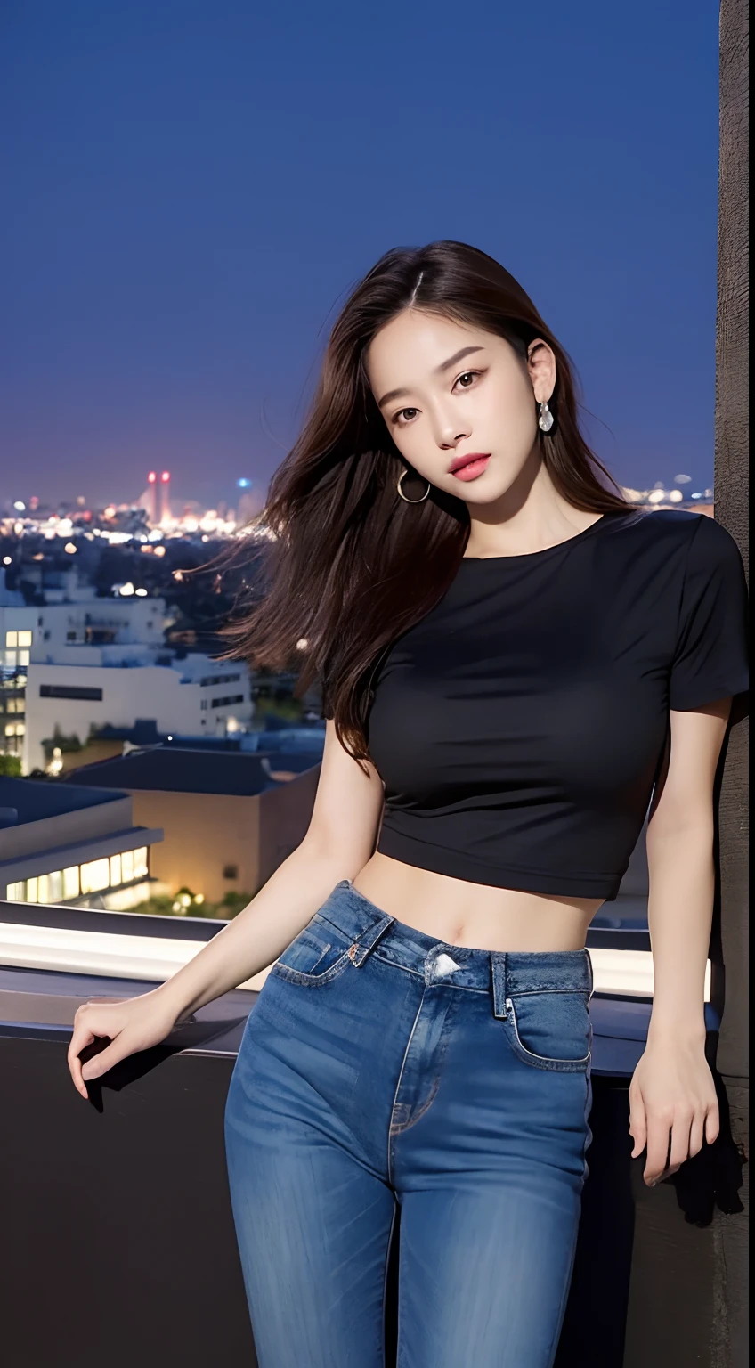 ((Midnight, Acura, 8K, Masterpiece: 1.3)), Full body, Long legs, Focal length: 1.2, Perfect Body Beauty: 1.4, Slim Abs: 1.1, ((Dark Brown Hair, Big Breasts: 1.2 )), (Black Skinny T-shirt, Denim Biggies, Standing: 1.2), (City Night View, Roof: 1.3)), Highly detailed face and skin texture, Detailed eyes, Double eyelids