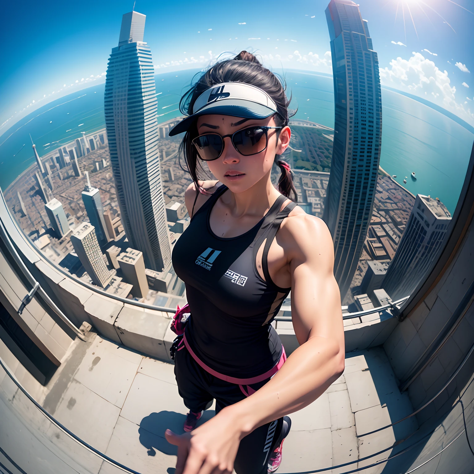 Parkour, free running, exhibitionist, 1girl, selfie, fish eye lens, looking down, on top the world's highest building, , sweat, dark sunglasses