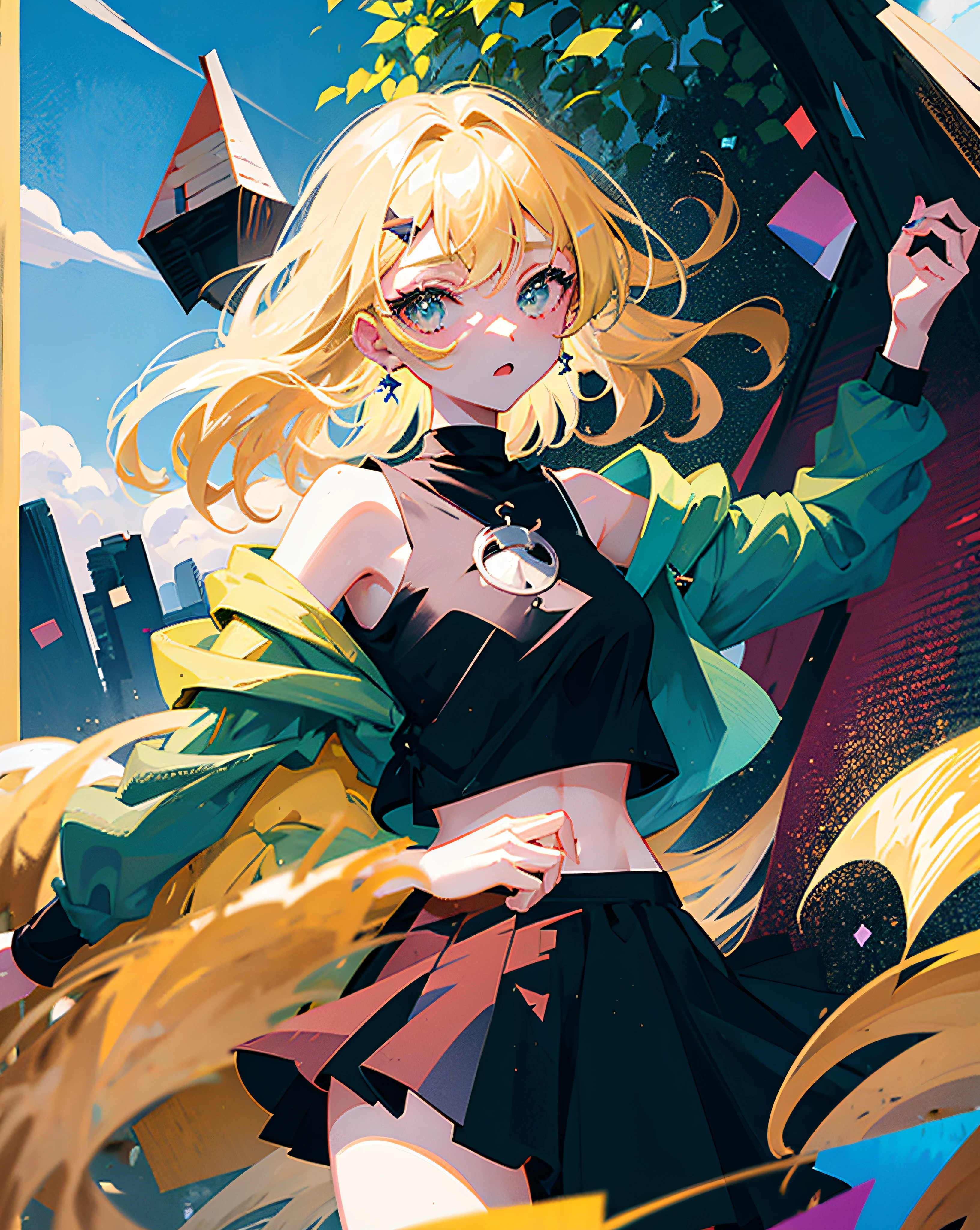 (Realistic painting style:1.0), Masterpiece, Best quality, absurderes, comic strip, illustration,
1 girl, Long hair, Cute girl, young and cute girl, Korean girl, {Breasts}, Hana, 
A girl in a black dress sits on a rock next to a tree, wearing sexy cropped top, wearing crop top and miniskirt, Black top, wearing a black cropped tank top, Black skirt, a black choker, 
Blonde, Blonde hair, blond hairbl,