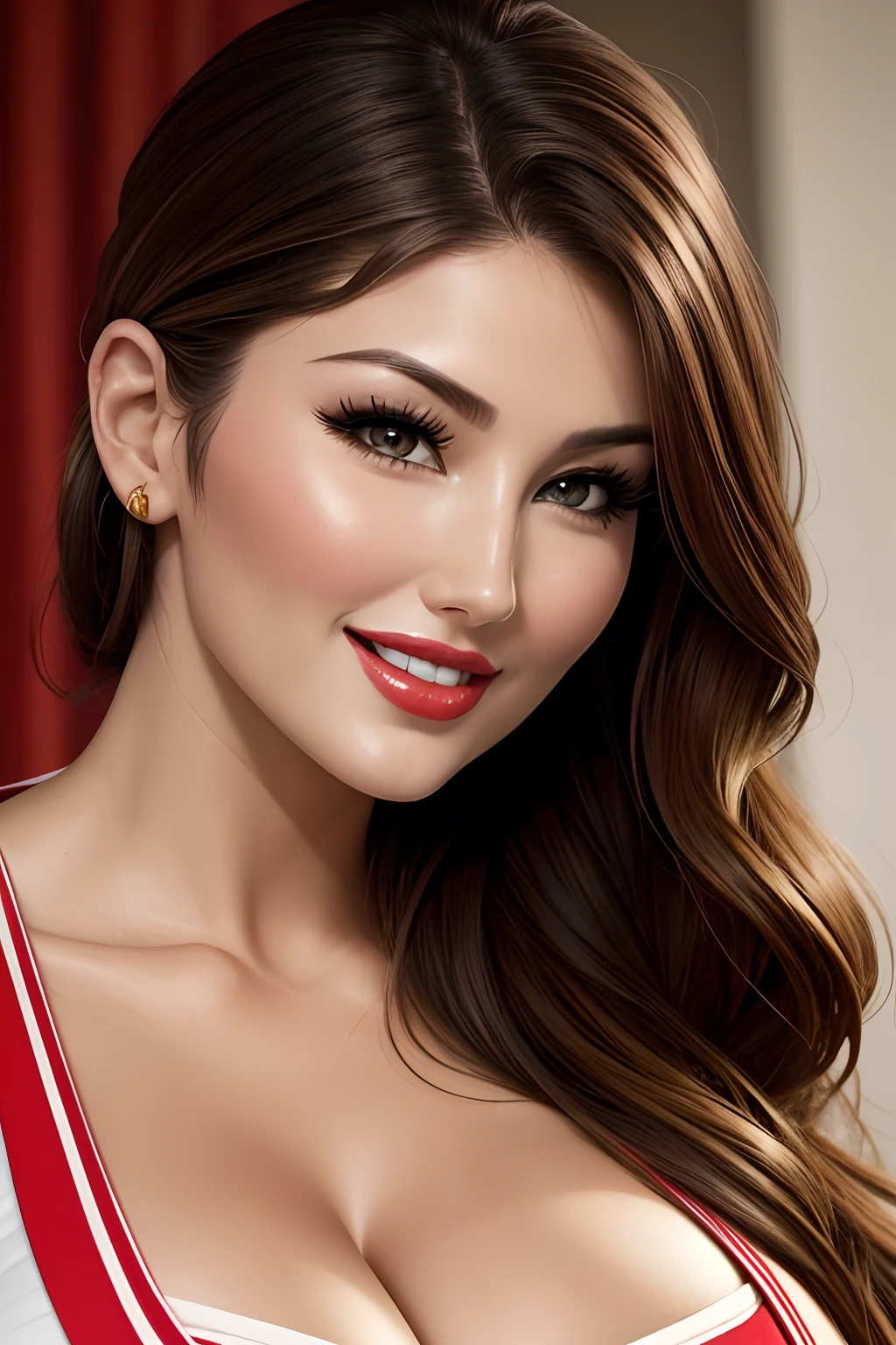 lucy pinder, face portrait, smiling, sexy, red lips, asian woman