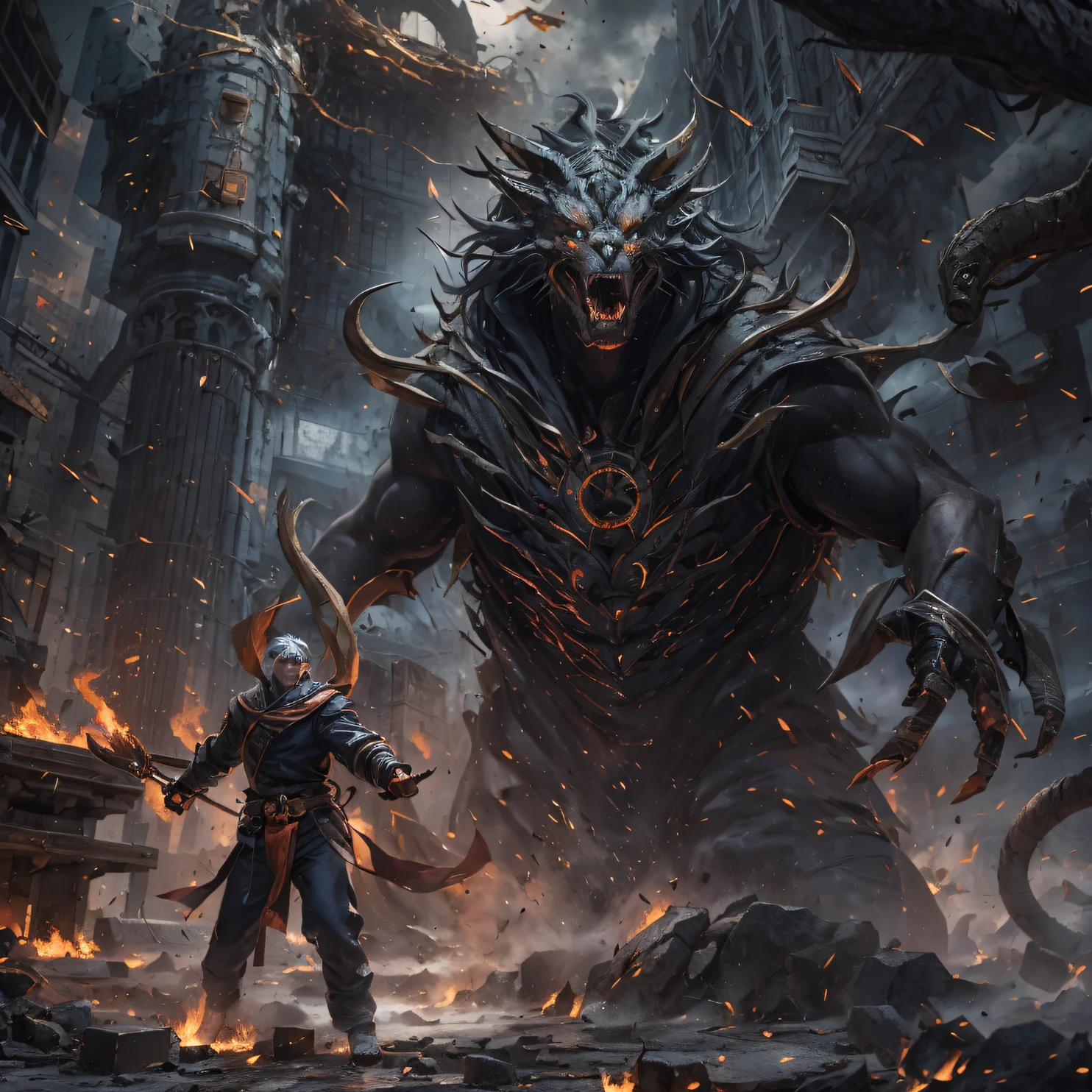 (Doomsday ruins)eyes filled with angry,He clenched his fists,Rush up,Deliver a fatal blow to your opponent,full bodyesbian,Full Body Male Mage 32K(tmasterpiece,k hd,hyper HD,32K)Long flowing black hair,Campsite size,zydink, a color, Dynamic posture(Explosive ruins), (Linen batik scarf), Angry fighting stance, looking at the ground, Batik linen bandana, Chinese python pattern long-sleeved garment, Thick paint(Abstract propylene splash:1.2), Dark clouds lightning background,Flour flies(realisticlying:1.4),Black color hair,Flour fluttering,Background fog, A high resolution, the detail, RAW photogr, Sharp Re, Nikon D850 Film Stock Photo by Jefferies Lee 4 Kodak Portra 400 Camera F1.6 shots, Rich colors, ultra-realistic vivid textures, Dramatic lighting, Unreal Engine Art Station Trend, cinestir 800,Flowing black hair,(((Male mage))),The male mage was furious,