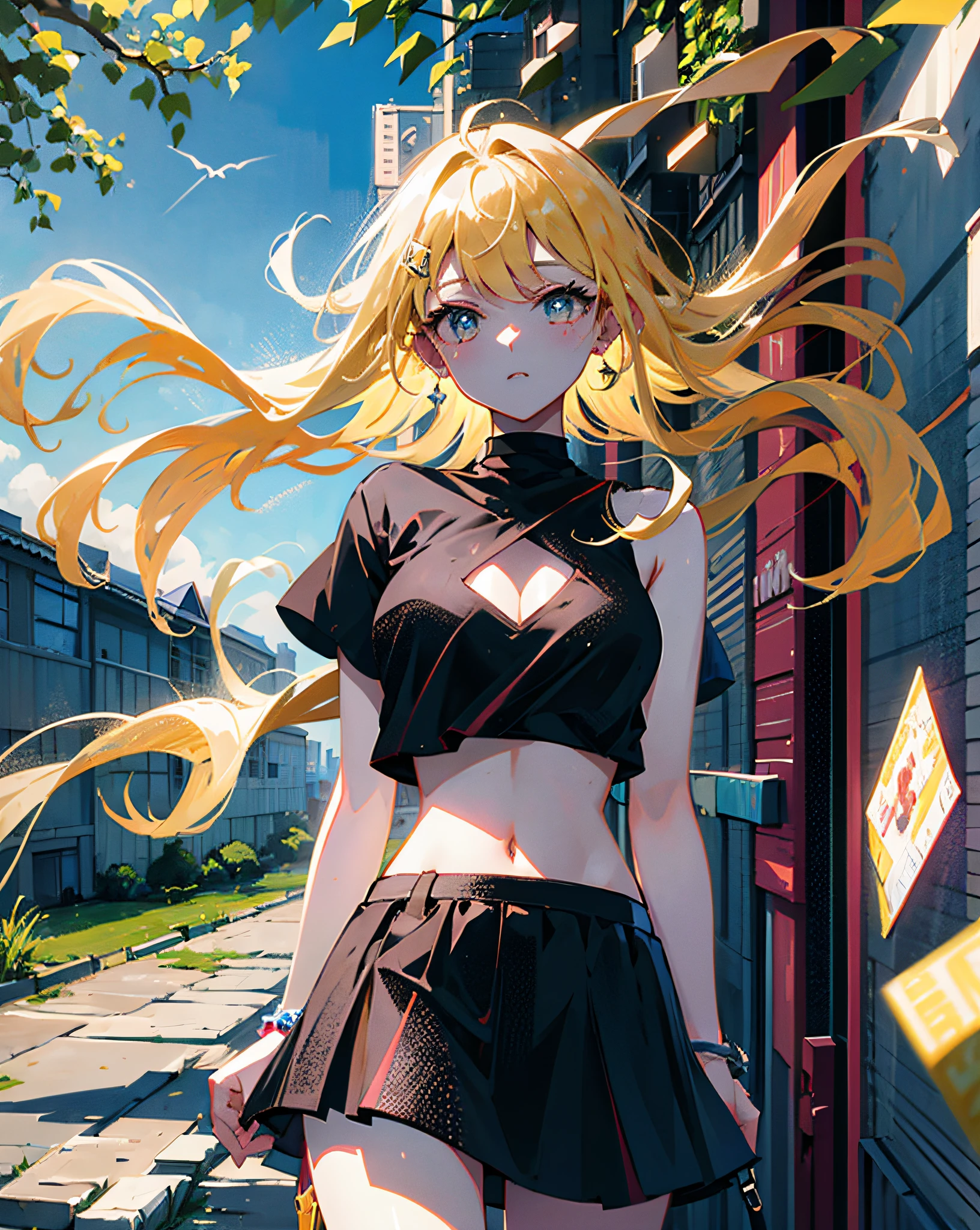(Realistic painting style:1.0), Masterpiece, Best quality, absurderes, comic strip, illustration,
1 girl, Long hair, Cute girl, young and cute girl, Korean girl, {Breasts}, Hana, 
A girl in a black dress sits on a rock next to a tree, wearing sexy cropped top, wearing crop top and miniskirt, Black top, wearing a black cropped tank top, Black skirt, a black choker, 
Blonde, Blonde hair, blond hairbl,