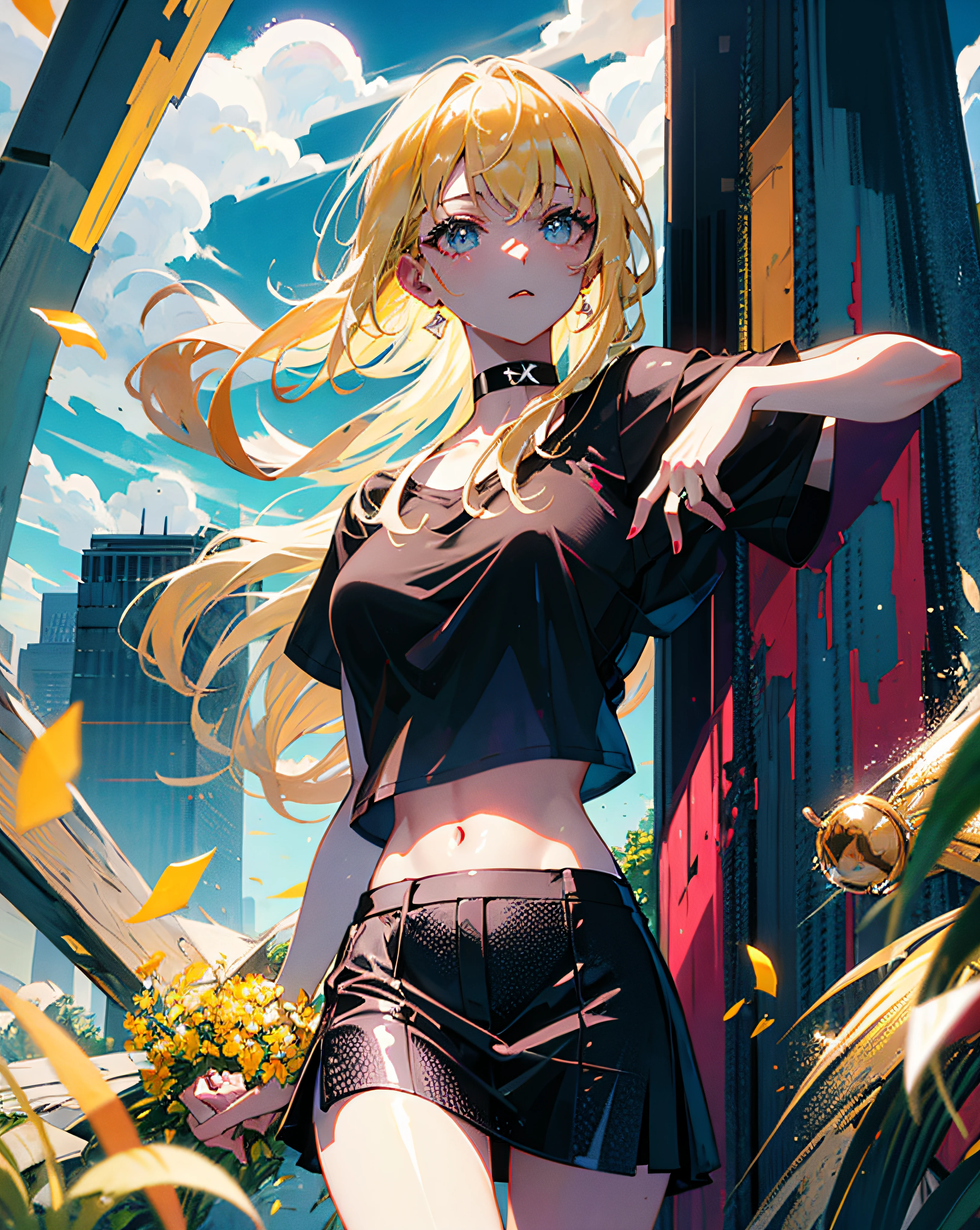 (Realistic painting style:1.0), Masterpiece, Best quality, absurderes, comic strip, illustration,
1 girl, Long hair, Cute girl, young and cute girl, Korean girl, {Breasts}, Hana, 
A girl in a black dress sits on a rock next to a tree, wearing sexy cropped top, wearing crop top and miniskirt, Black top, wearing a black cropped tank top, Black skirt, a black choker, 
Blonde, Blonde hair, blond hairbl,