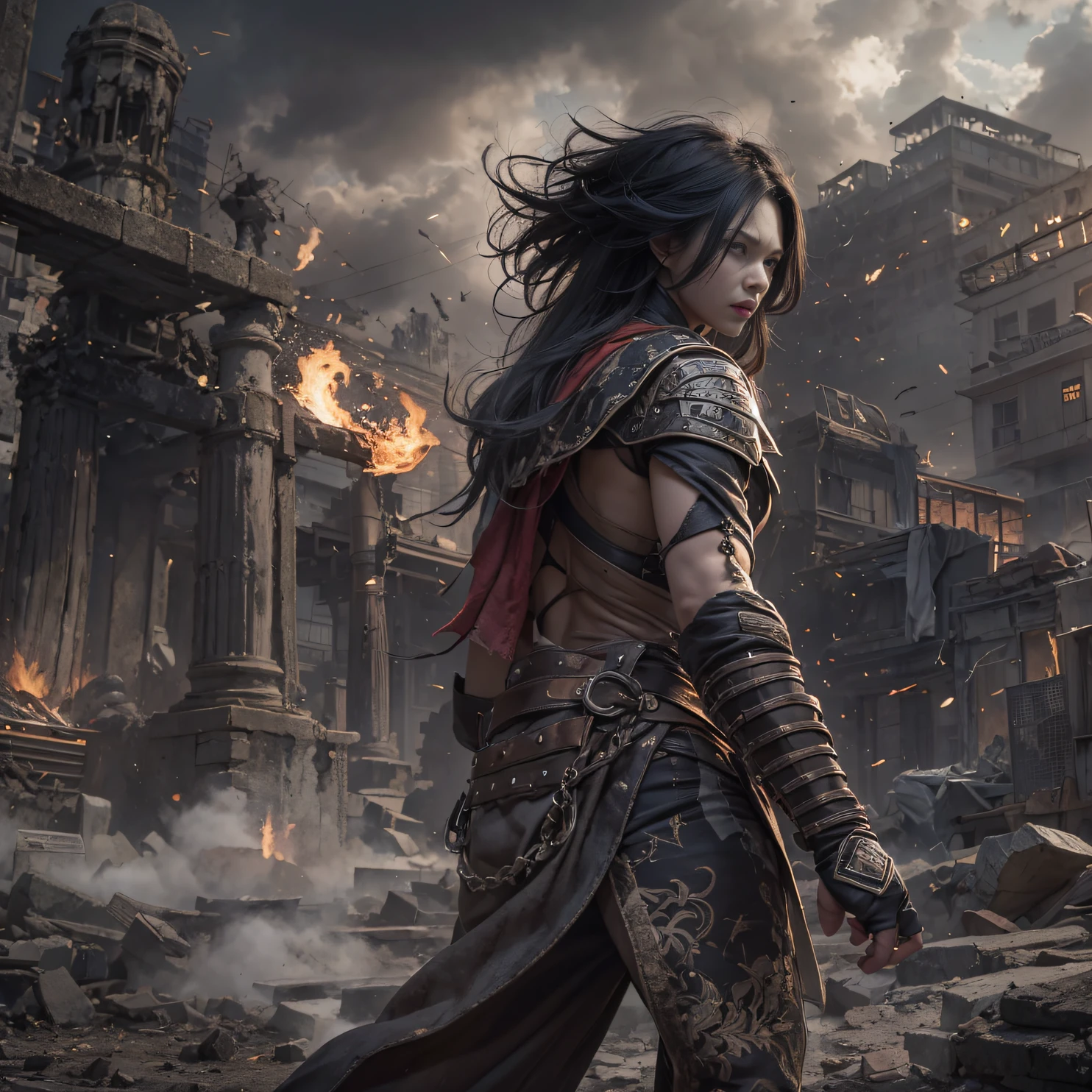 （Doomsday ruins）eyes filled with angry，He clenched his fists，Rush up，Deliver a fatal blow to your opponent，full bodyesbian，Full Body Male Mage 32K（tmasterpiece，k hd，hyper HD，32K）Long flowing black hair，Campsite size，zydink， a color， Dynamic posture（Explosive ruins）， （Linen batik scarf）， Angry fighting stance， looking at the ground， Batik linen bandana， Chinese python pattern long-sleeved garment， Thick paint（Abstract propylene splash：1.2）， Dark clouds lightning background，Flour flies（realisticlying：1.4），Black color hair，Flour fluttering，Background fog， A high resolution， the detail， RAW photogr， Sharp Re， Nikon D850 Film Stock Photo by Jefferies Lee 4 Kodak Portra 400 Camera F1.6 shots, Rich colors, ultra-realistic vivid textures, Dramatic lighting, Unreal Engine Art Station Trend, cinestir 800，Flowing black hair,（（（Male mage））），The male mage was furious，