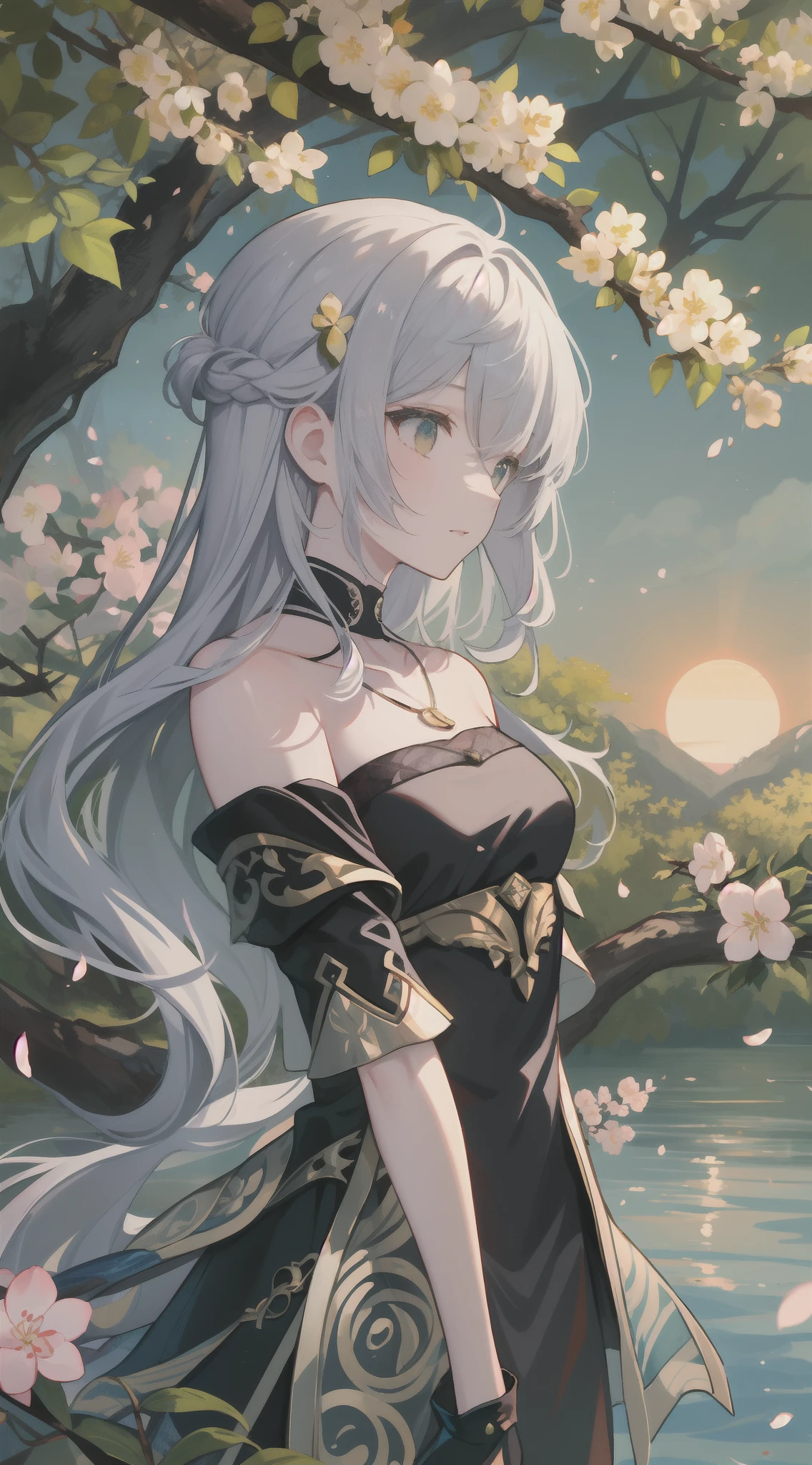 top-quality, Ink painting style, Fresh and elegant, Clear lake, The cherry blossoms set as the sun sets,White color hair, Black bandeau pendant dress gold pattern girl, Ride the flower wind to blow your head, A forest dotted with green leaves, Birds sing happily, A poetic scene