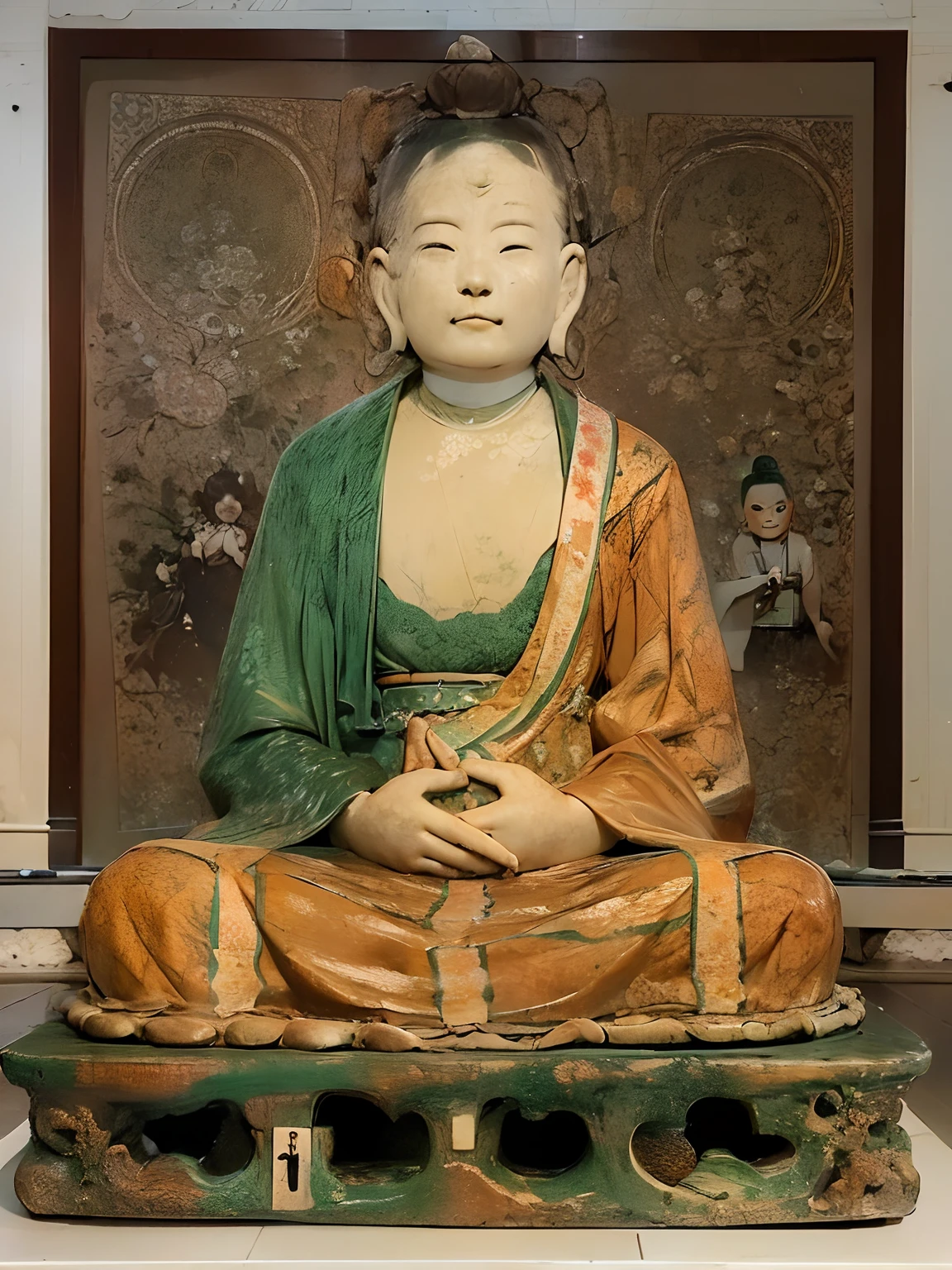Sancai Arhat statue,A person sitting on a platform,buddhist art, a Buddhist Buddha, Inspired by Yi County in northern Hebei, Ancient monks, Buddhist, Serene expression, Buddha, inspired by Tani Bunchō,Wearing a cassock,Hands knot meditation seals