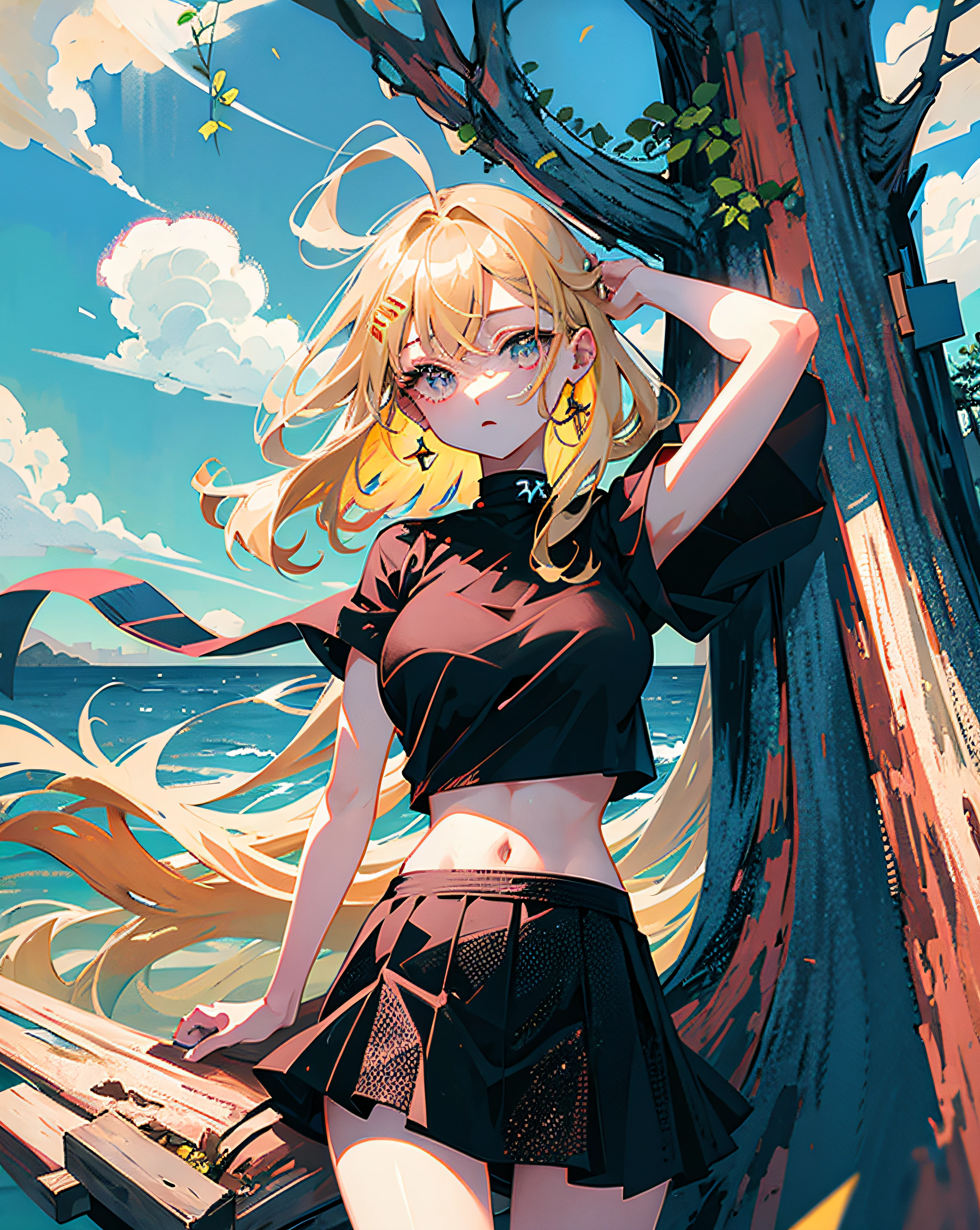 (Realistic painting style:1.0), Masterpiece, Best quality, absurderes, comic strip, illustration,
1 girl, Long hair, Cute girl, young and cute girl, Korean girl, {Breasts}, Hana,
A girl in a black dress sits on a rock next to a tree, wearing sexy cropped top, wearing crop top and miniskirt, Black top, wearing a black cropped tank top, Black skirt, a black choker,
Blonde, Blonde hair, blond hairbl,